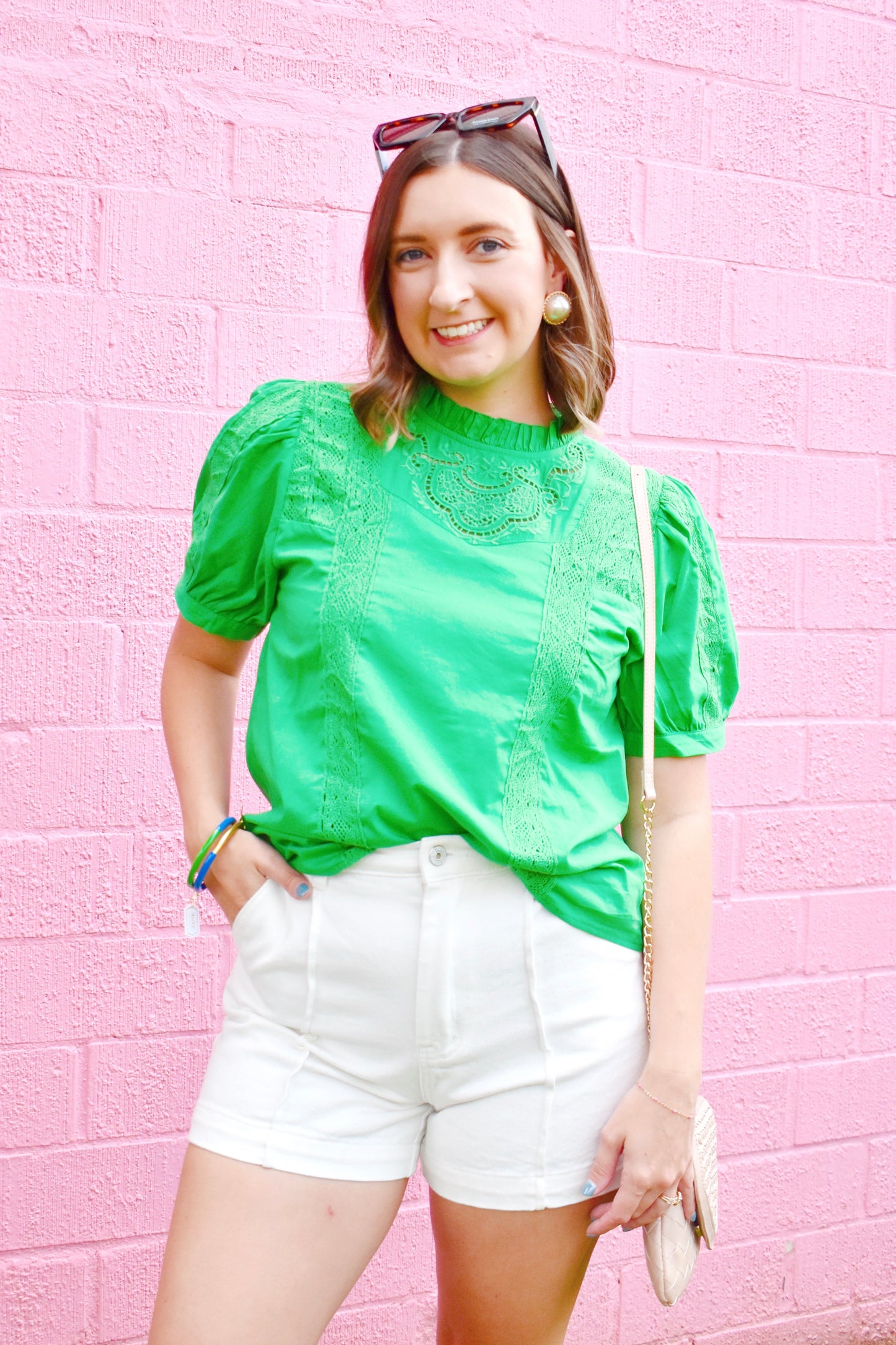 Kelly Green Lace Contrast Blouse