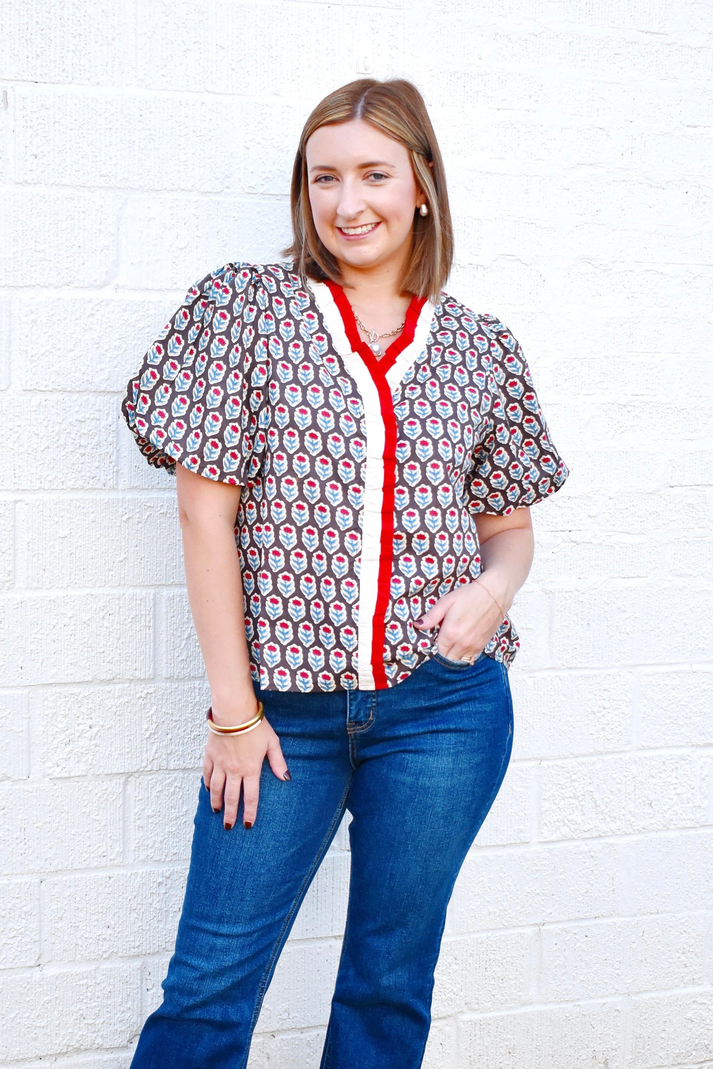 Brown Red & Blue Block Print Ruffle Blouse