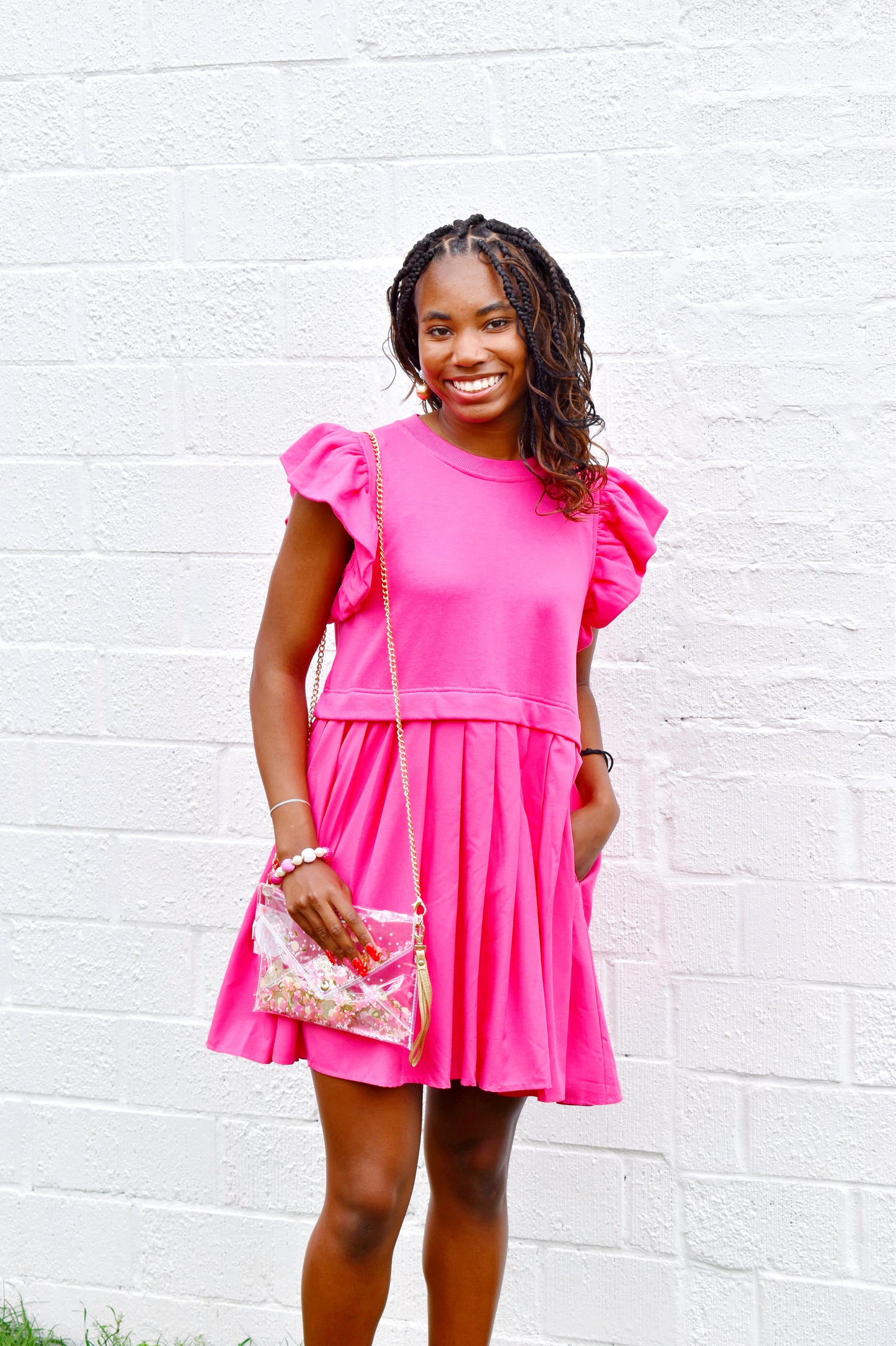 Hot Pink Layered Pleat Dress