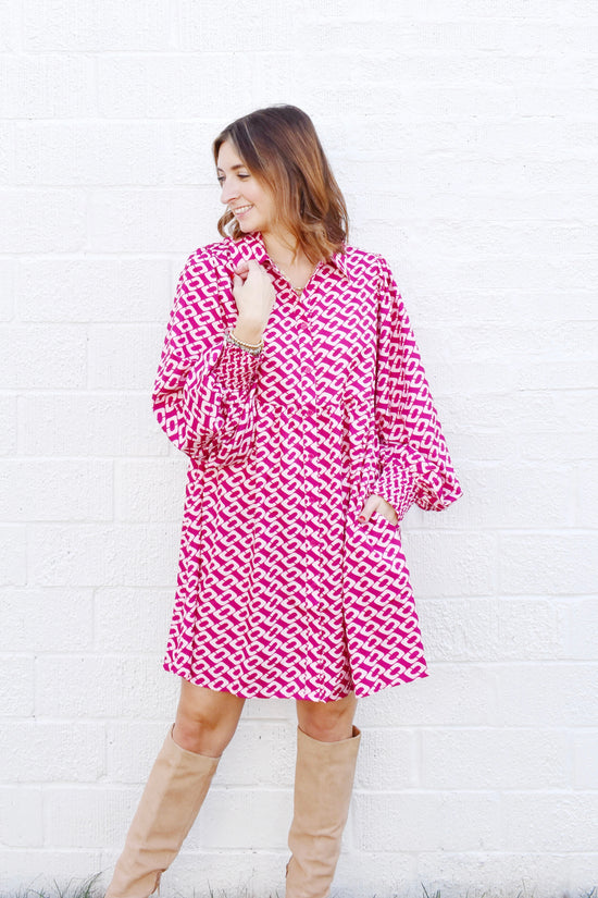 Magenta Geometric Print Babydoll Dress