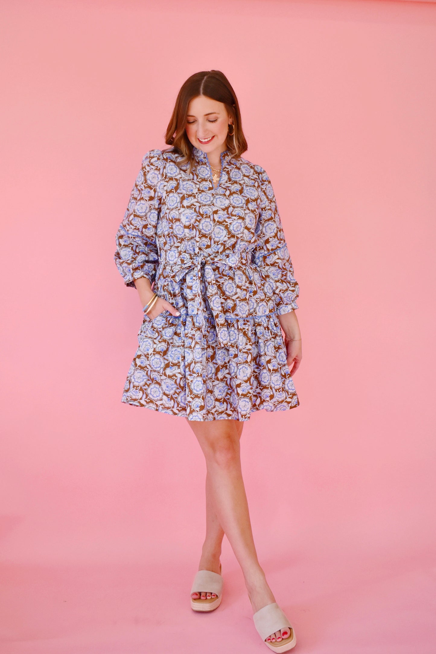 Brown Blue Floral Tie Belt Dress