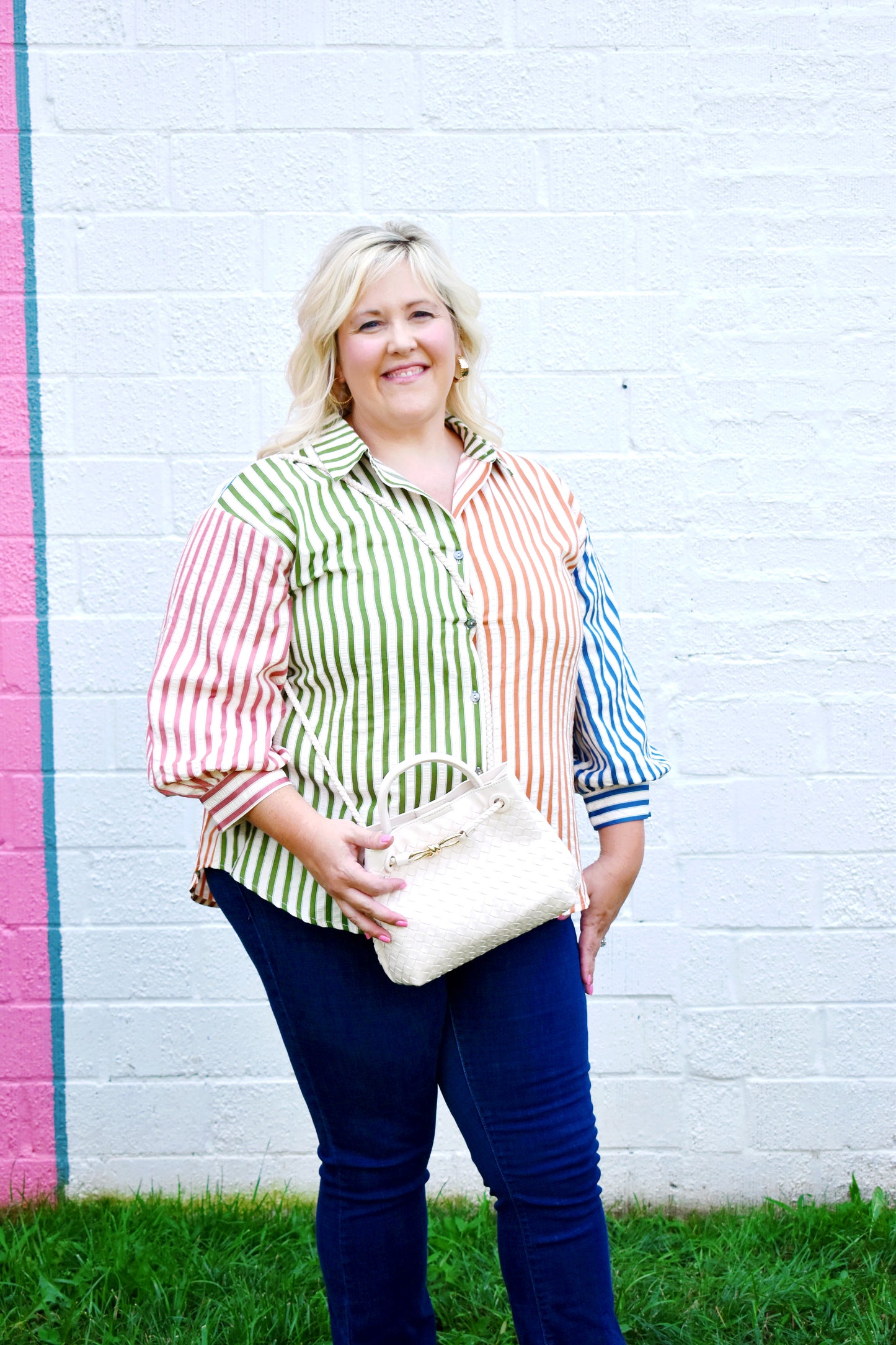 Plus Fall Color Block Striped Button Down