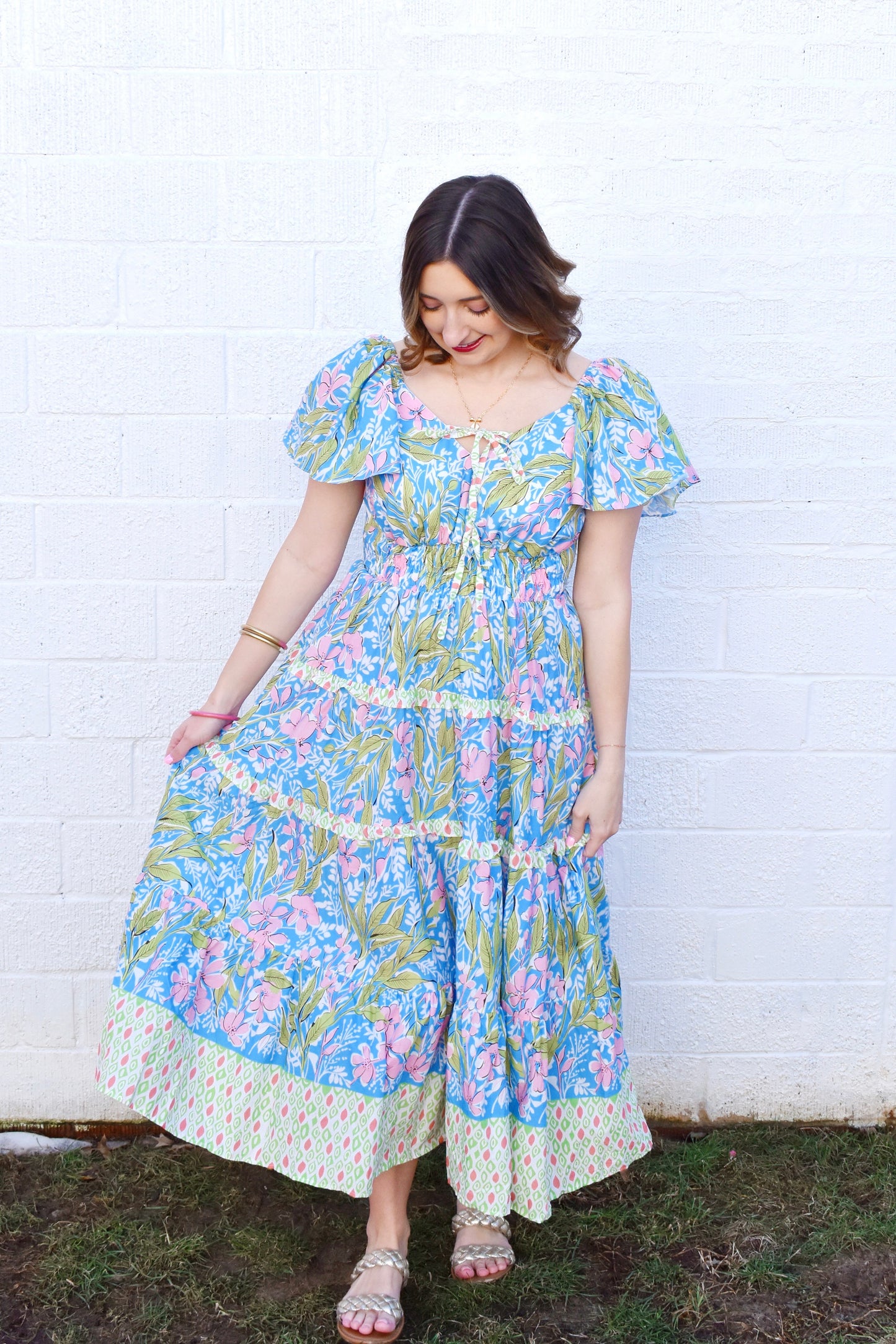 Blue Floral Mixed Print Sweetheart Maxi Dress