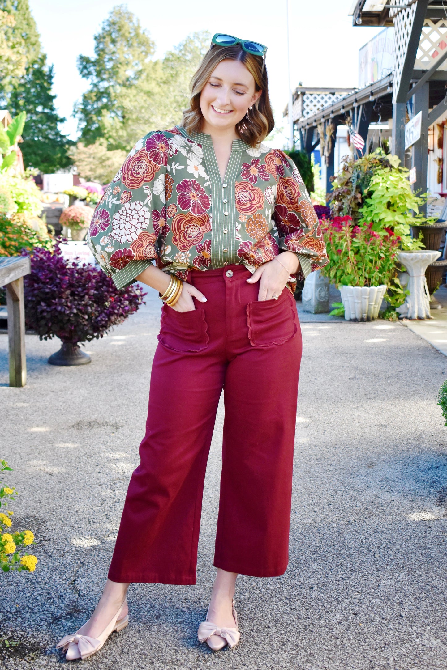 Olive Fall Floral Button Front Blouse