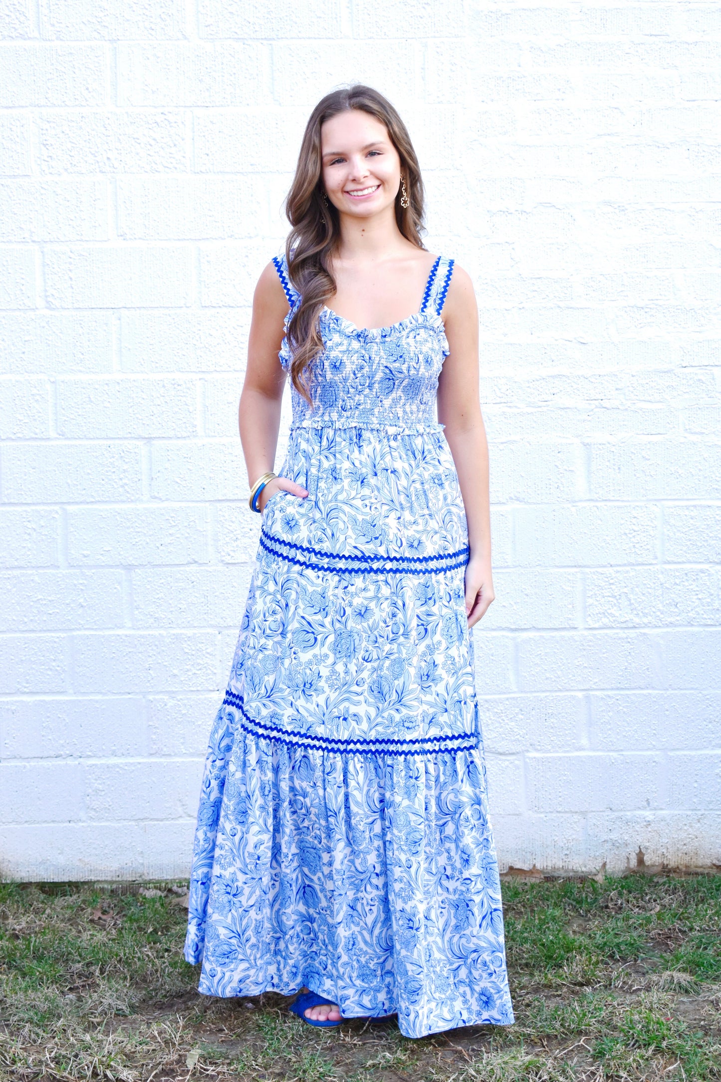 Blue Floral Ric Rac Contrast Maxi Dress