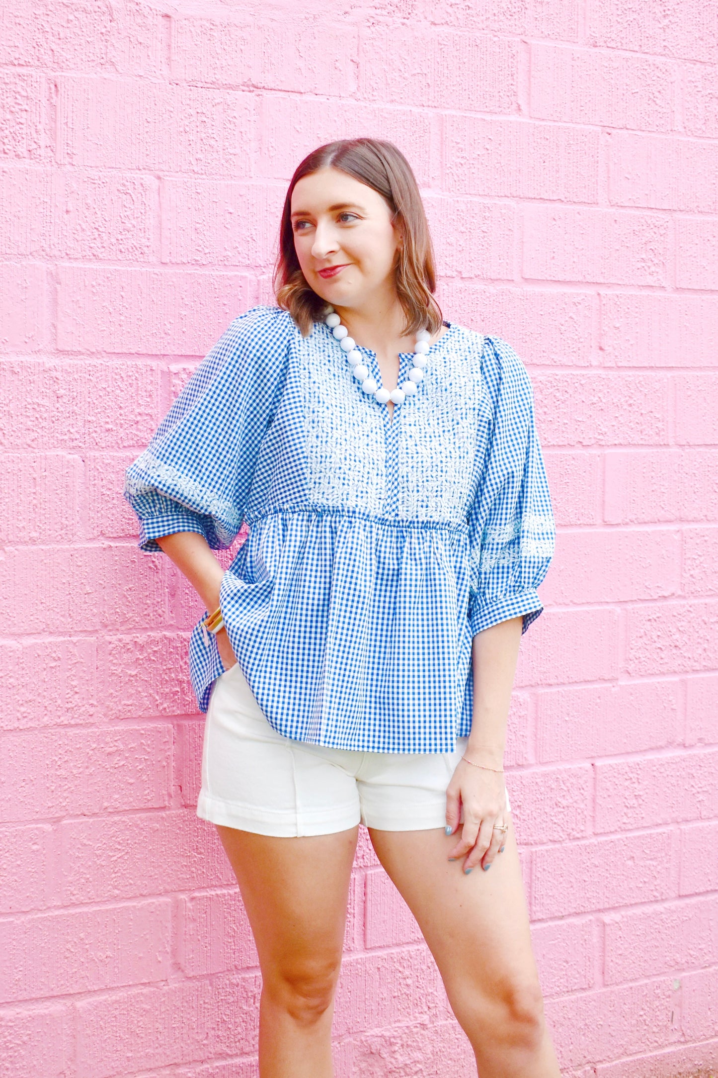 Royal Gingham Embroidered Babydoll Top