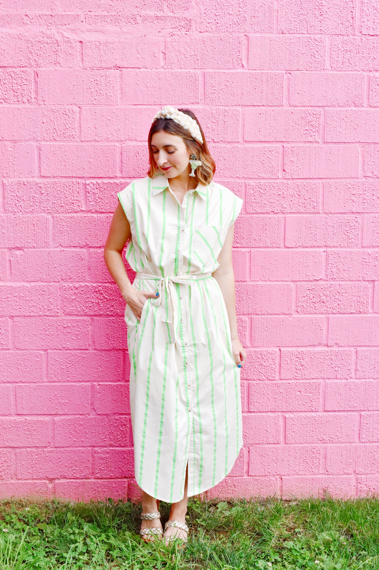 Lime Striped Midi Shirt Dress