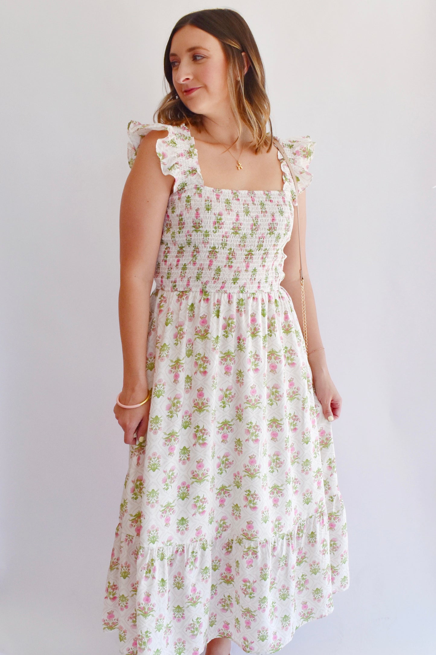 Pink Fem Floral Smocked Midi Dress