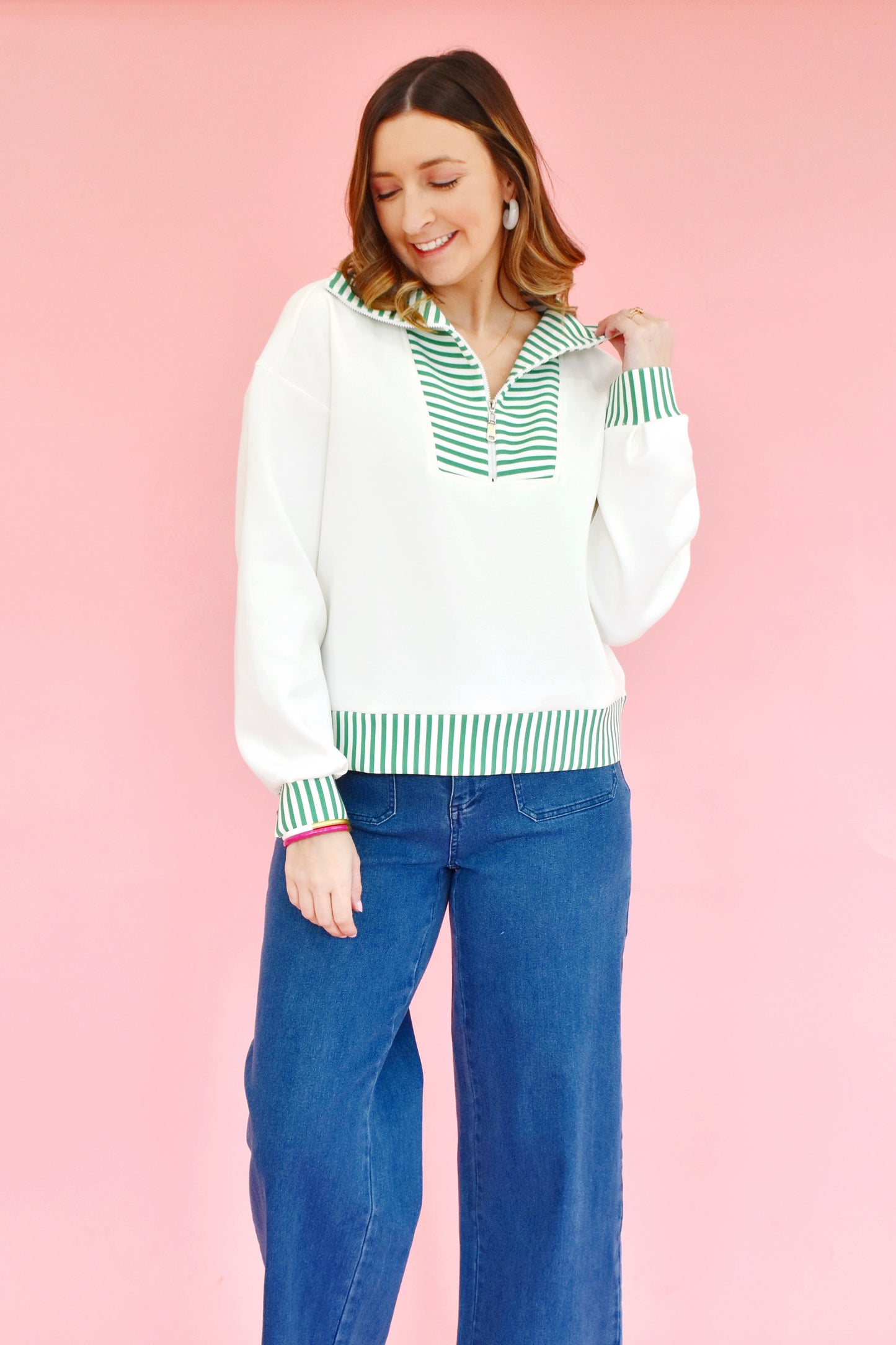 Ivory Kelly Green Stripe Zip Pullover