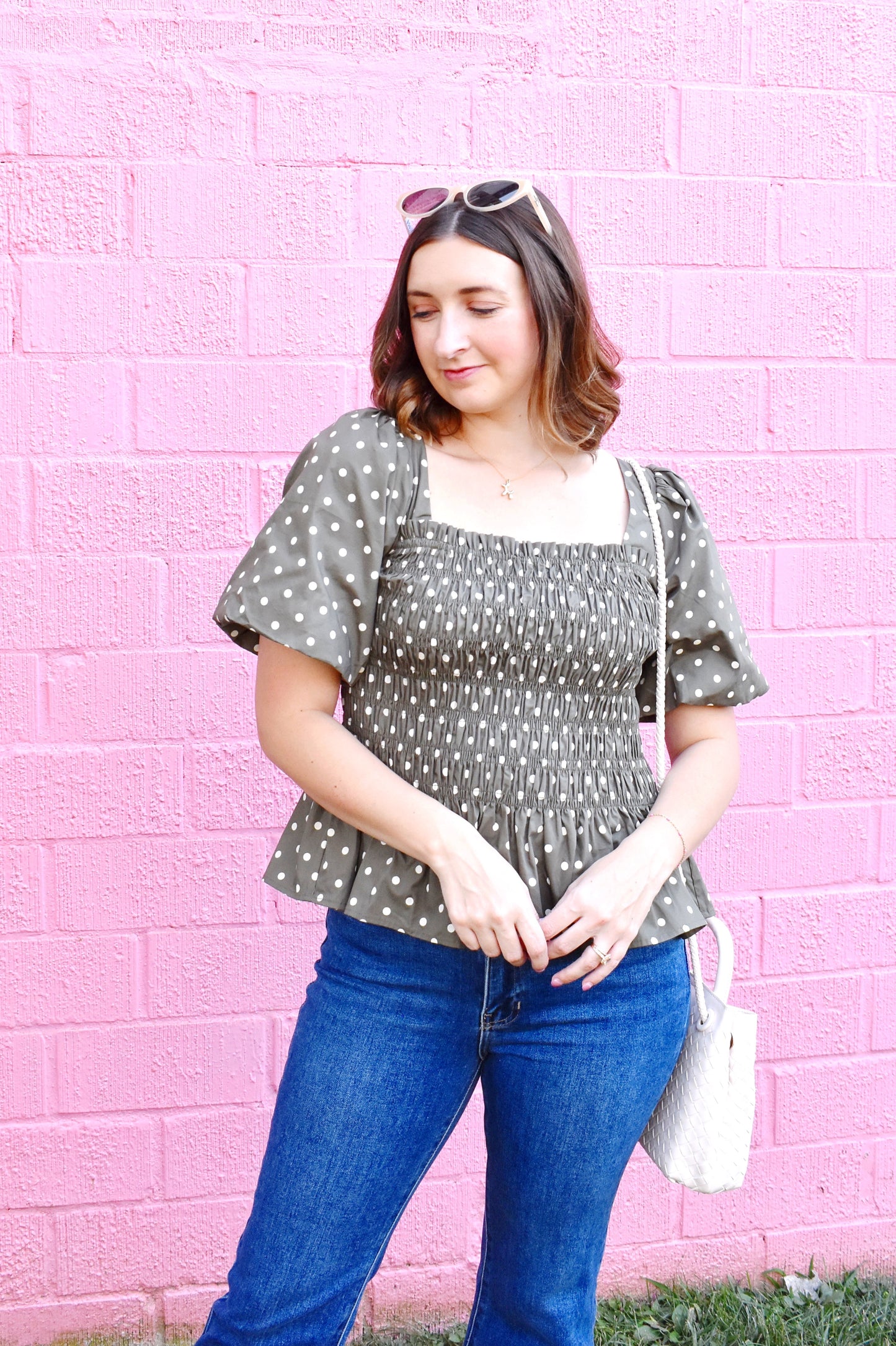 Olive Polka Dot Smocked Peplum Top