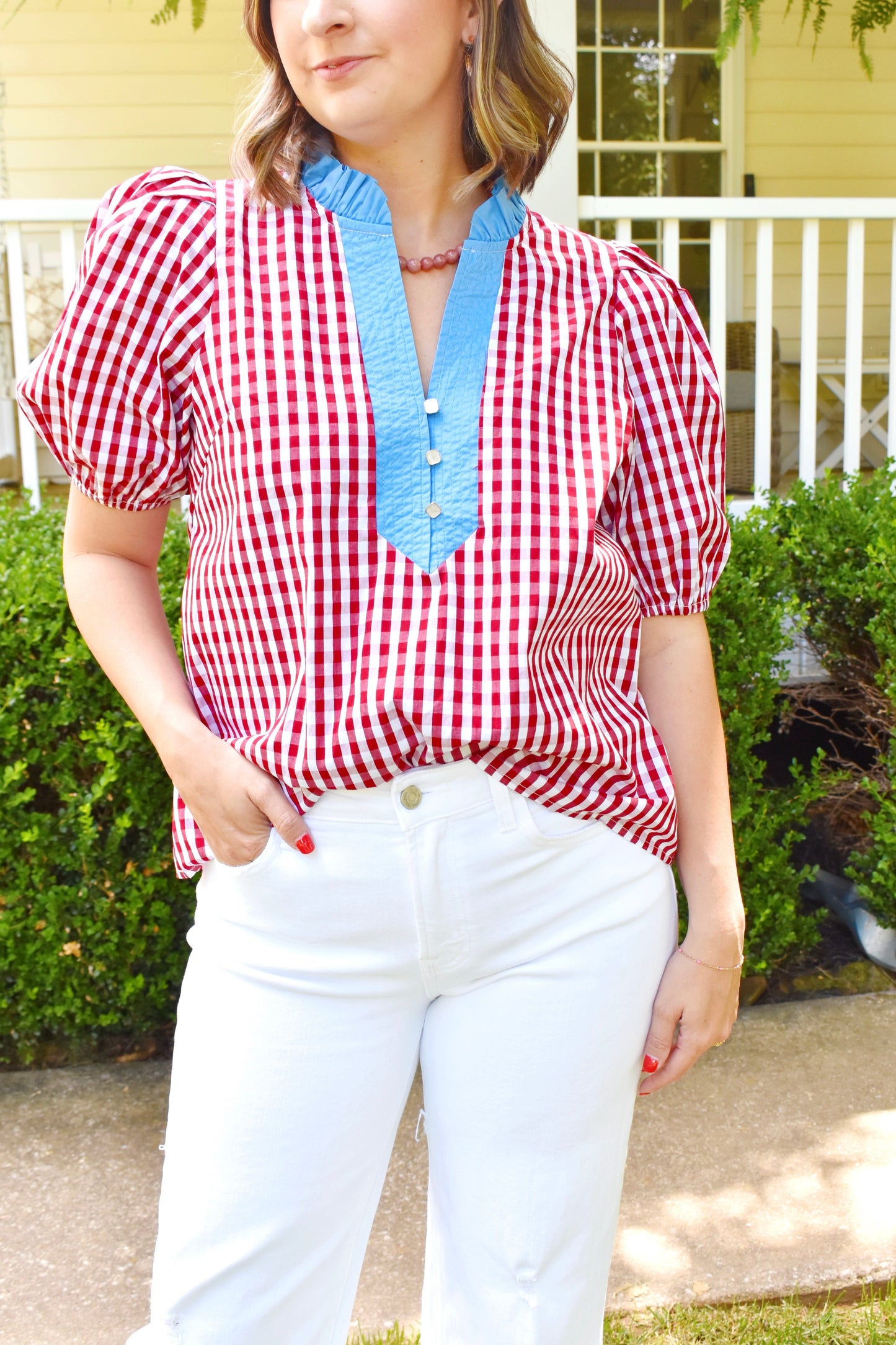 Red Gingham Blue Contrast Blouse