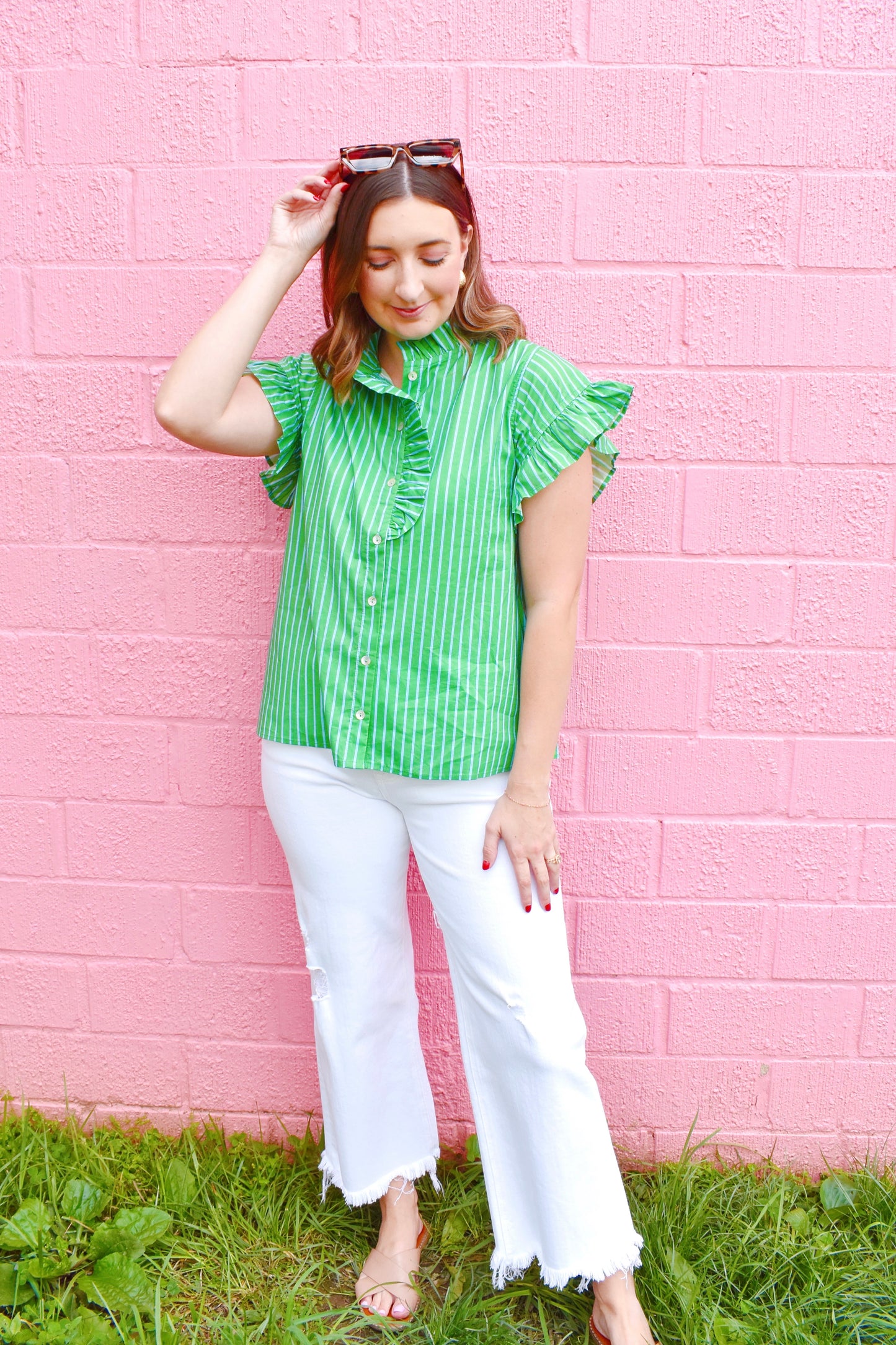 Green Mini Striped Ruffle Button Down Blouse