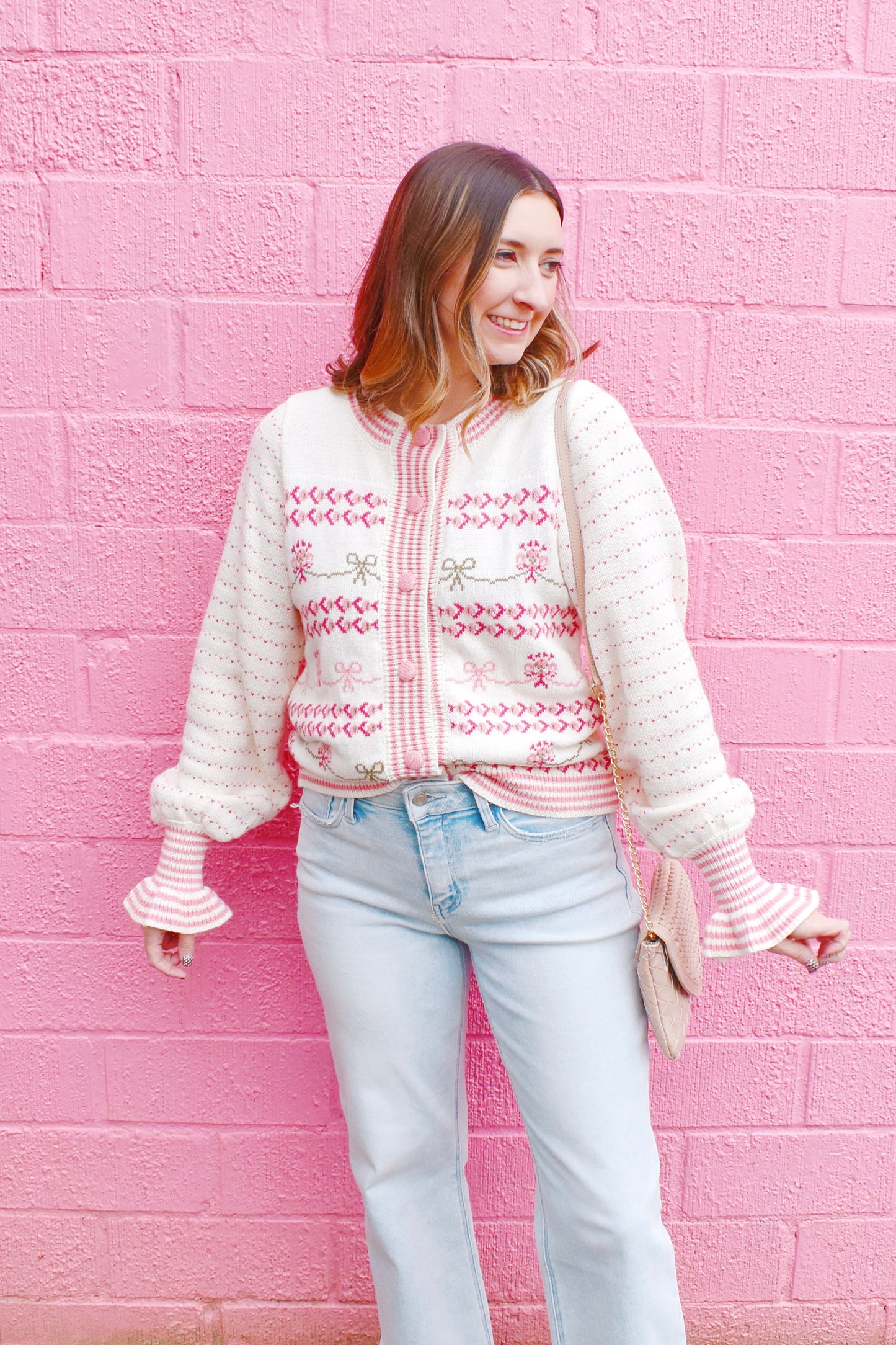 Pink Feminine Floral & Bow Cardigan Sweater