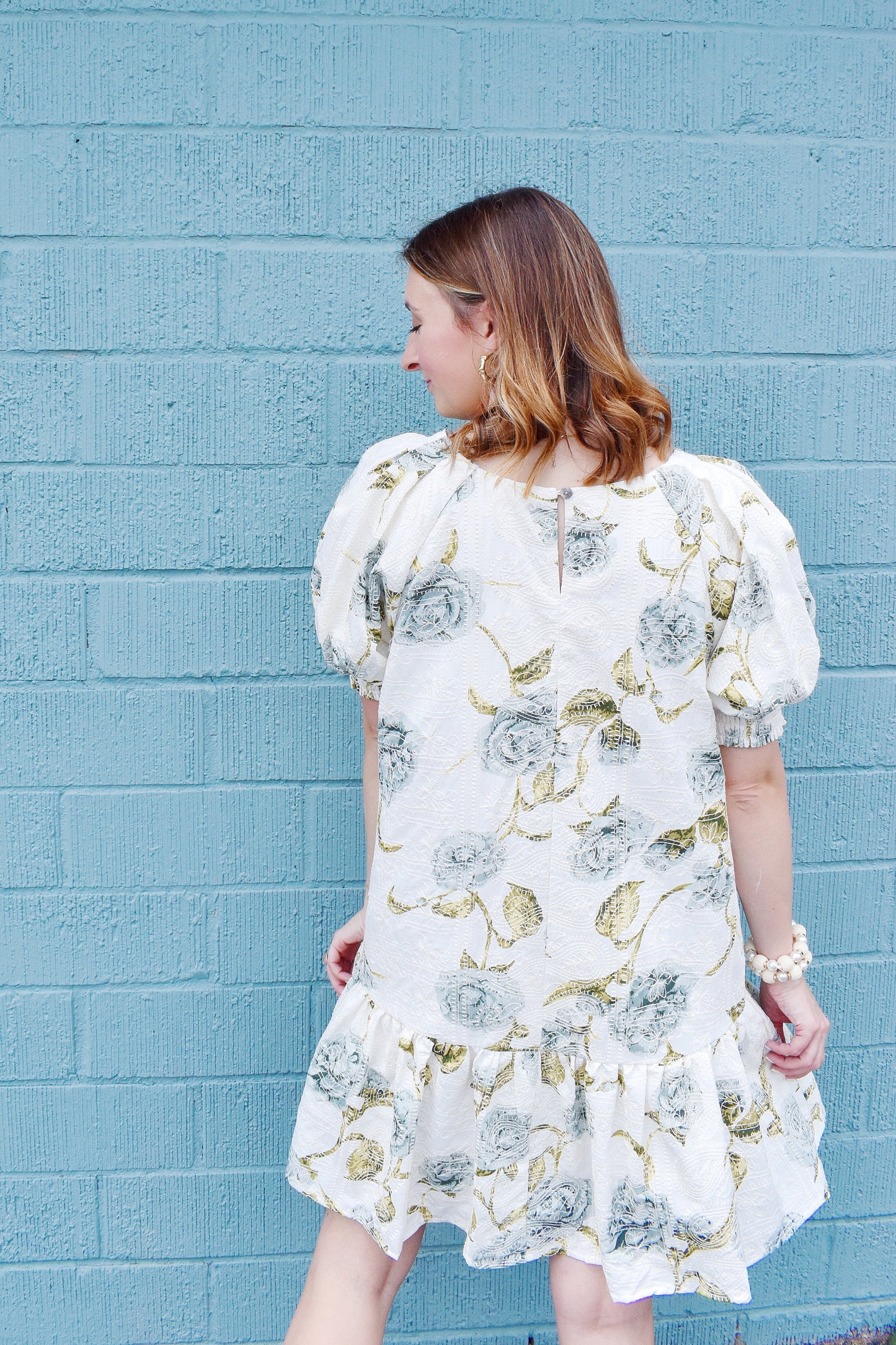 White & Blue Drop Waist Floral Dress