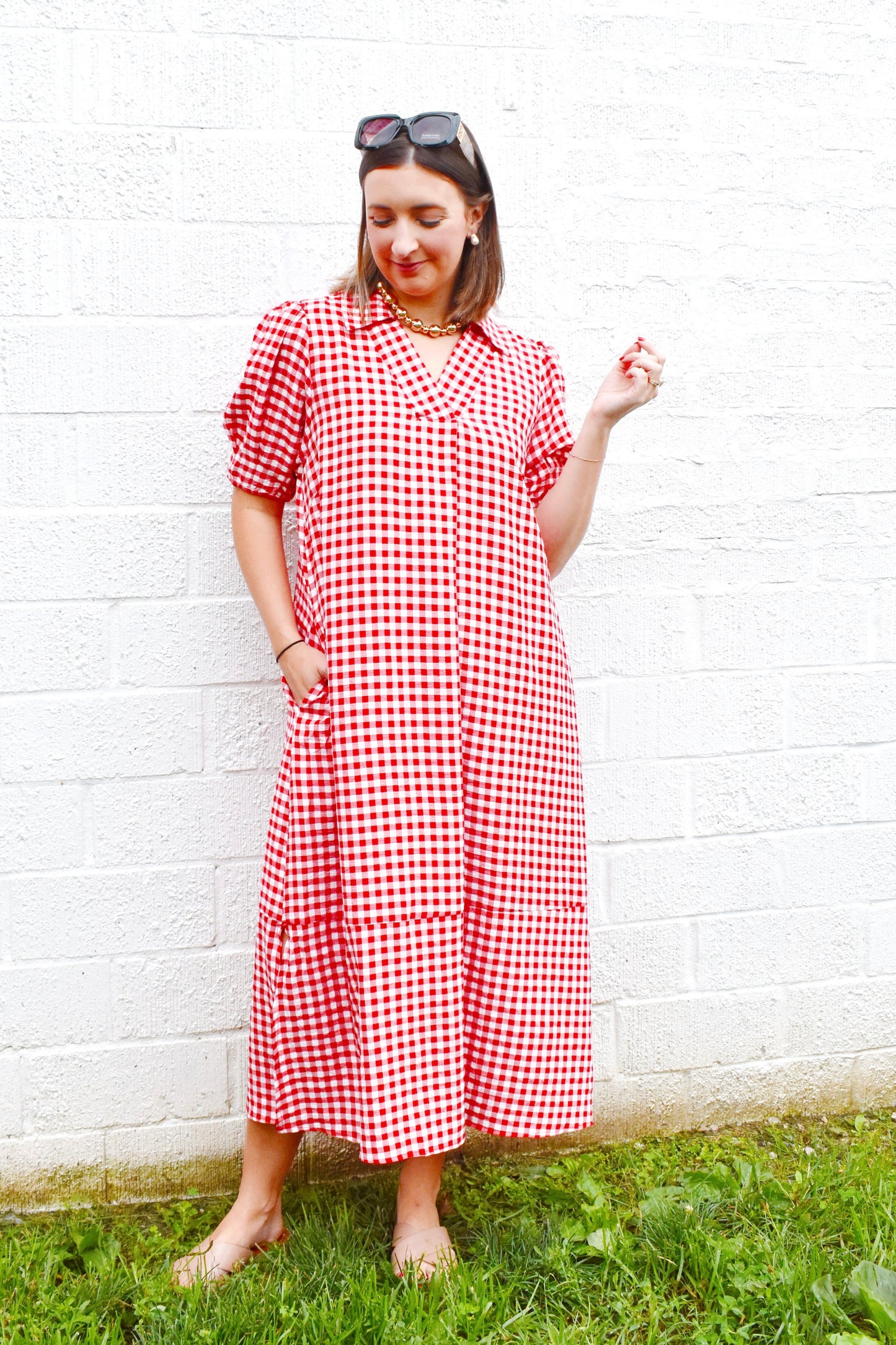 Red Gingham Collared Midi Dress