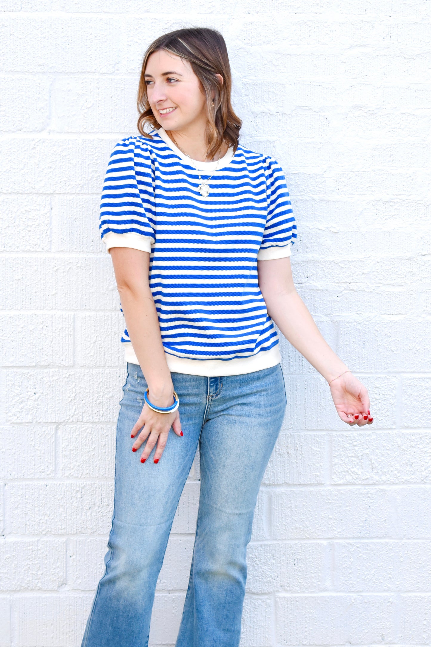 Royal Blue Striped Puff Sleeve Top