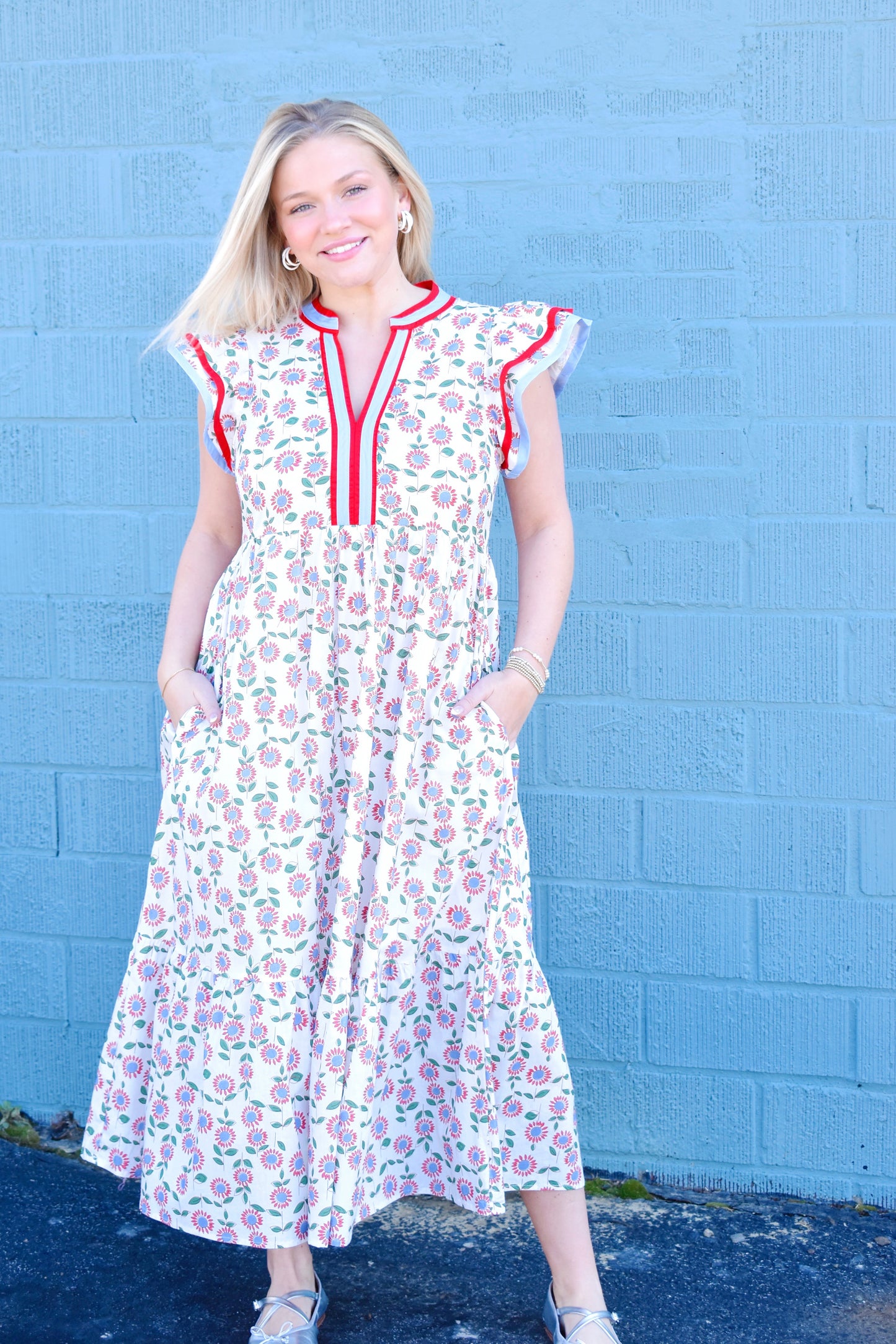 Blue & Red Floral Contrast Trim Midi Dress