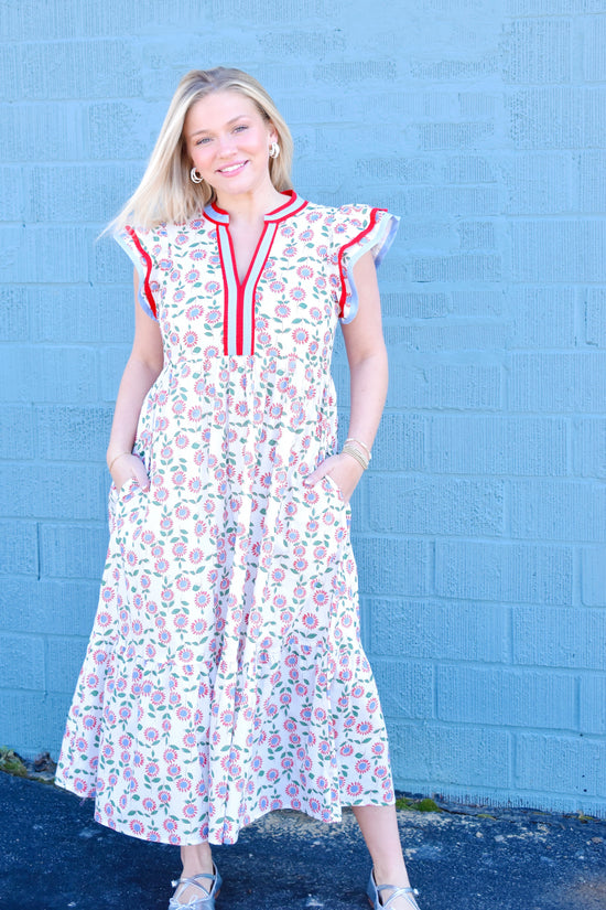 Blue & Red Floral Contrast Trim Midi Dress