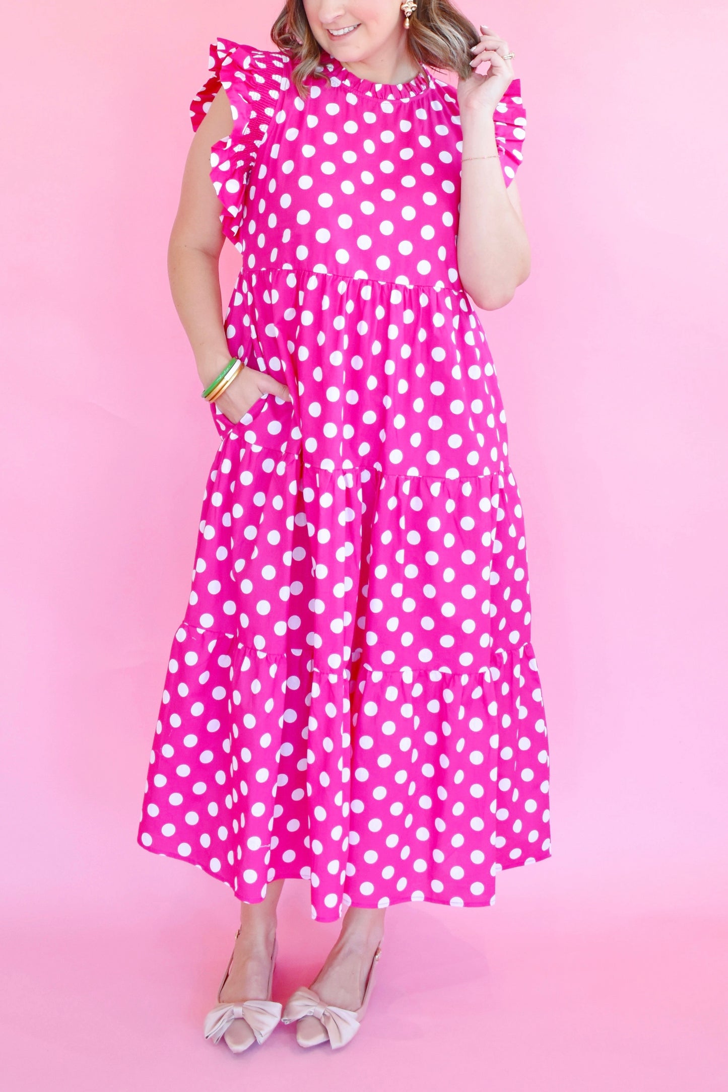 Hot Pink Polka Dot Ruffle Sleeve Midi Dress