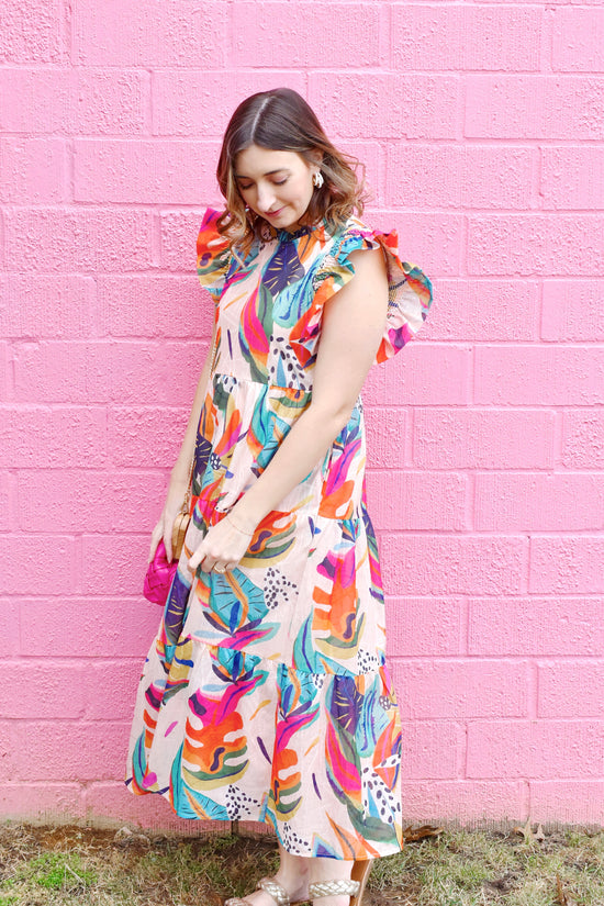 Taupe Tropical Printed Ruffle Midi Dress