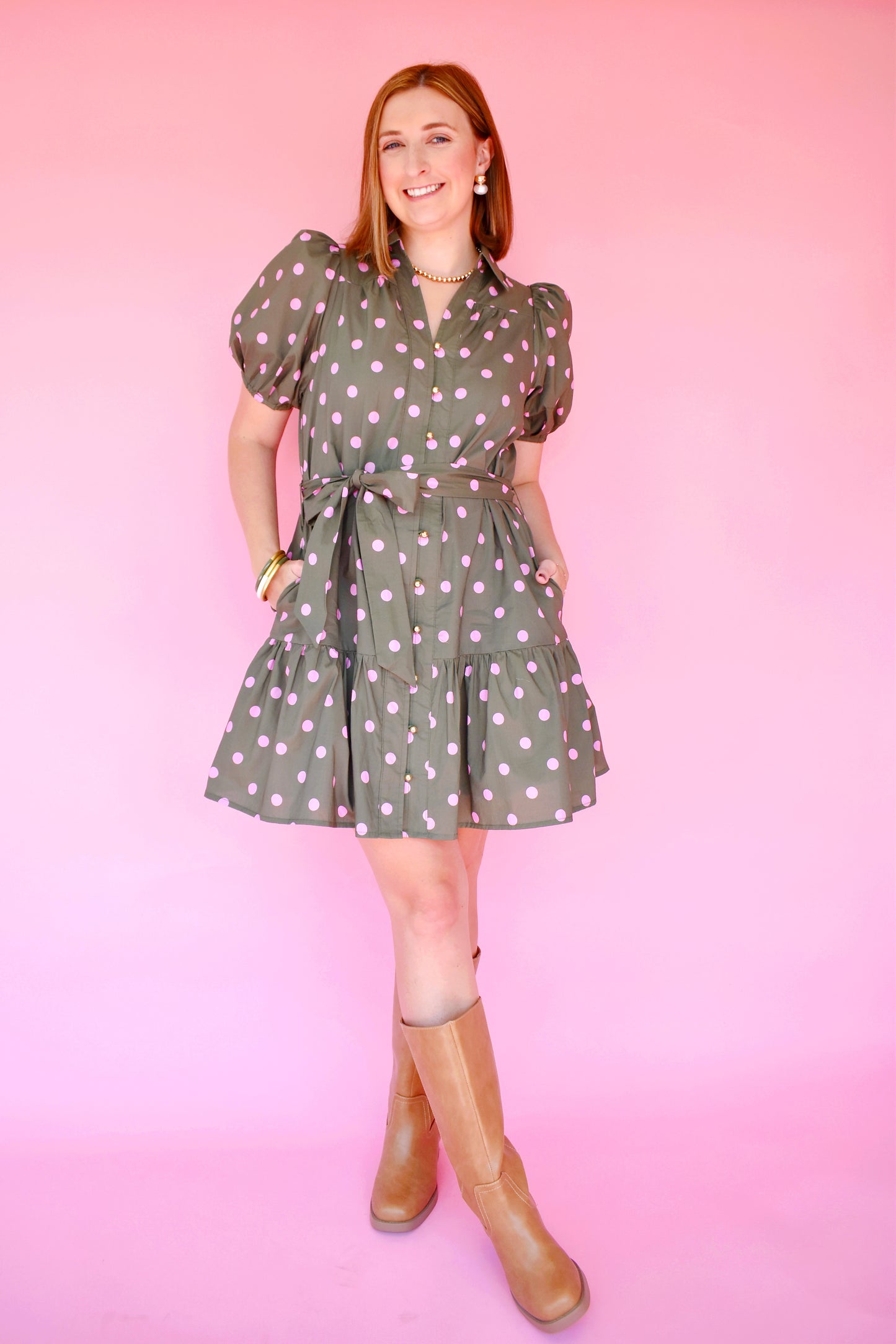 Olive Pink Polka Dot Belted Dress