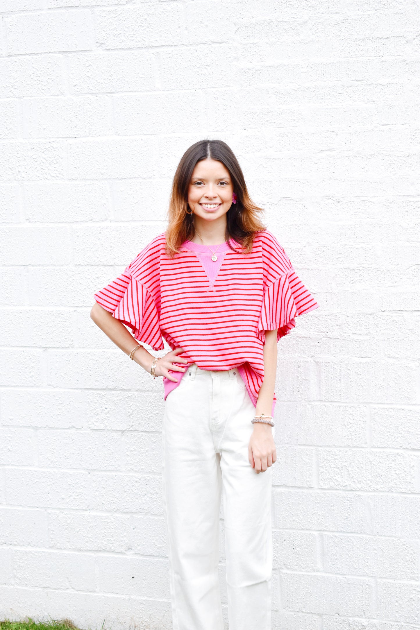Pink & Red Striped Ruffle Sleeve Top