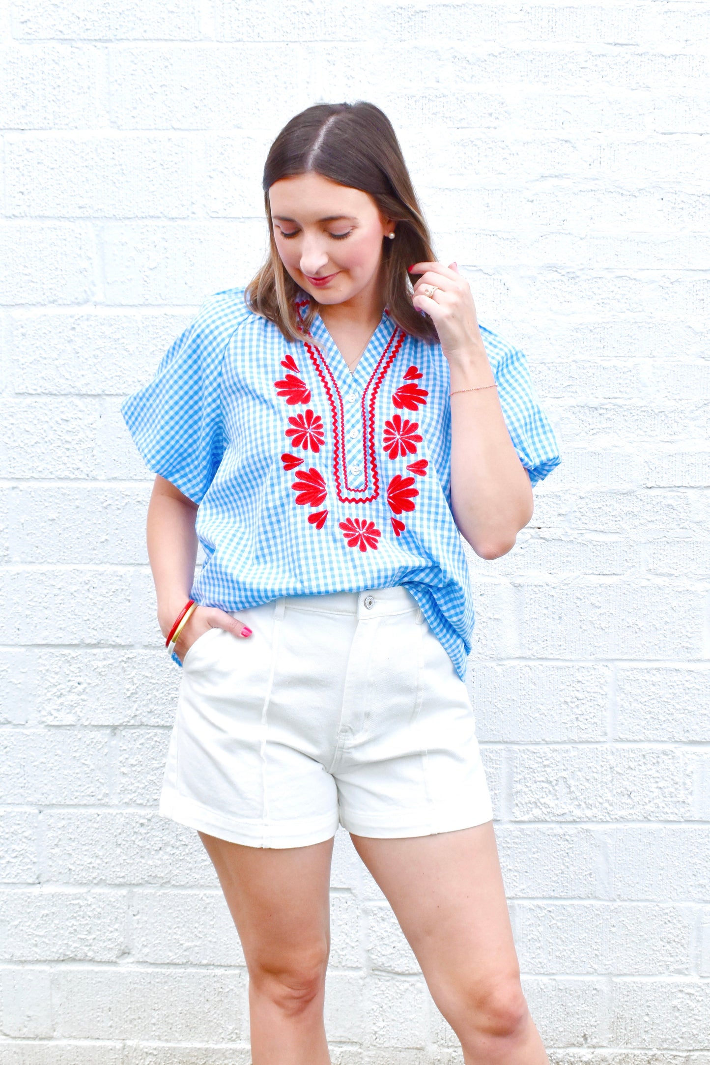 Blue Gingham Red Embroidery Blouse