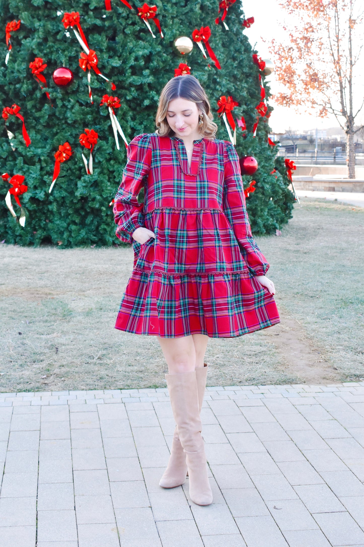 Tartan Scallop Detailing Babydoll Dress