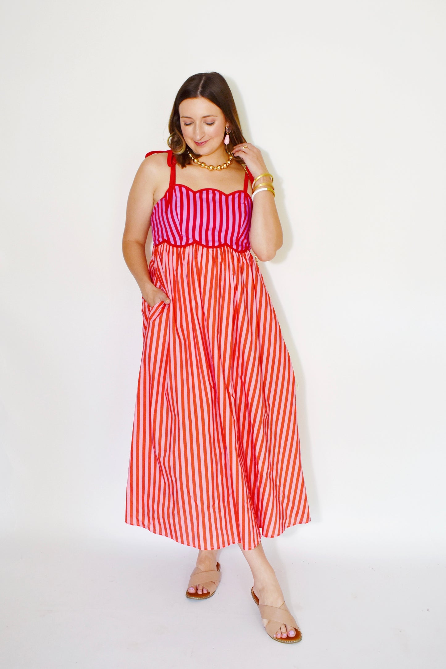 Red & Pink Striped Scallop Tie Strap Midi Dress
