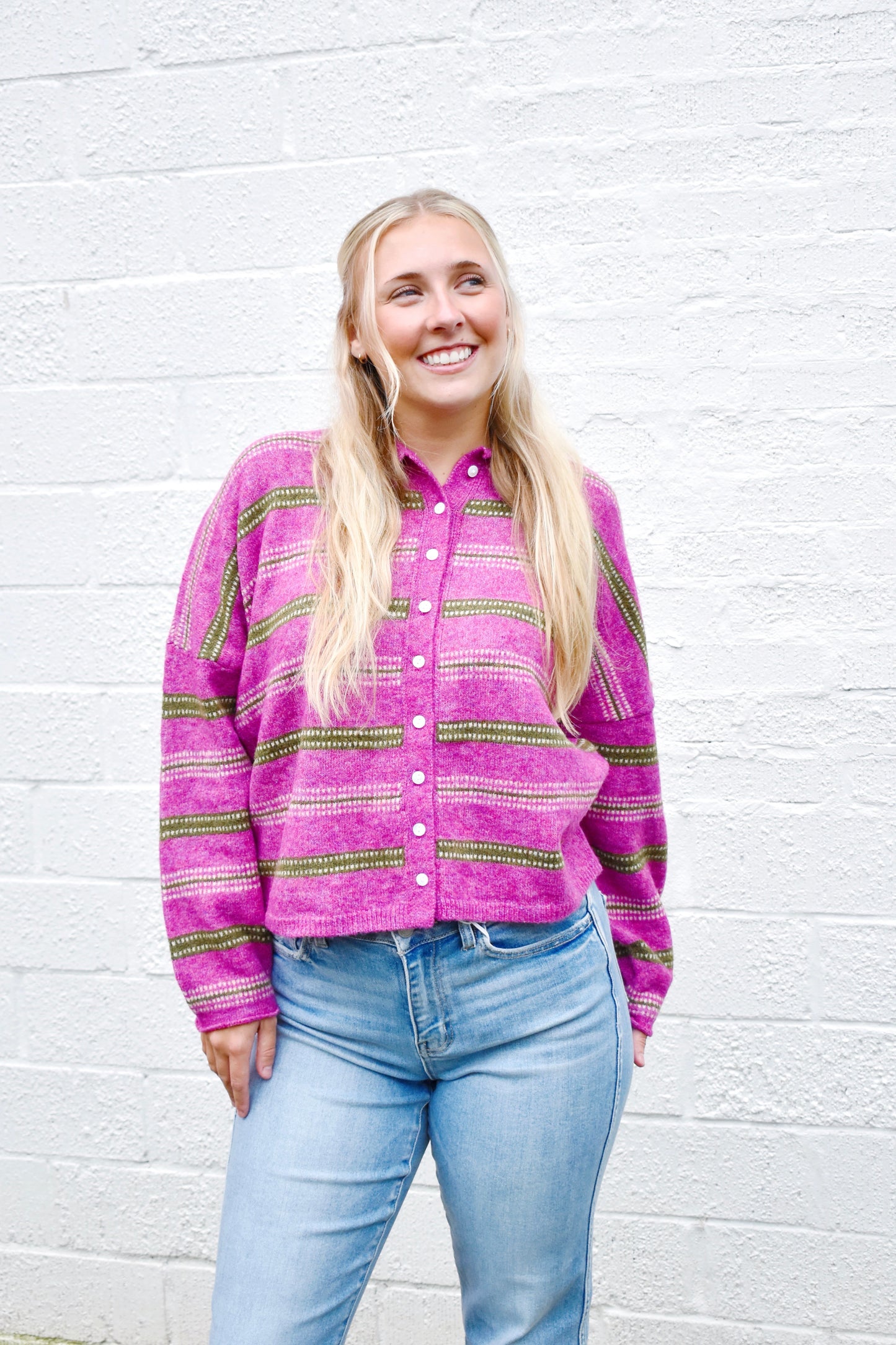 Magenta Olive Stripe Cardigan