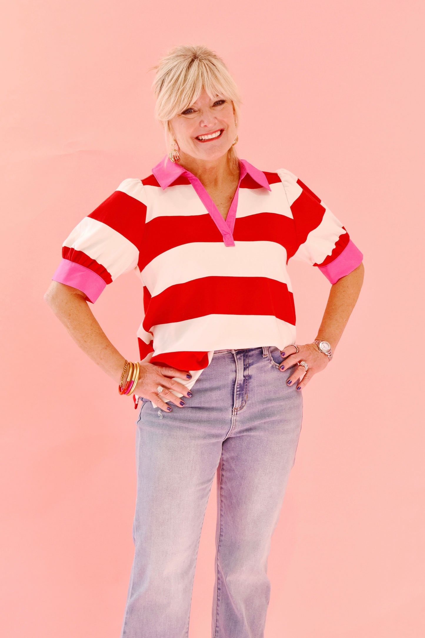 Pink & Red Collared Striped Top