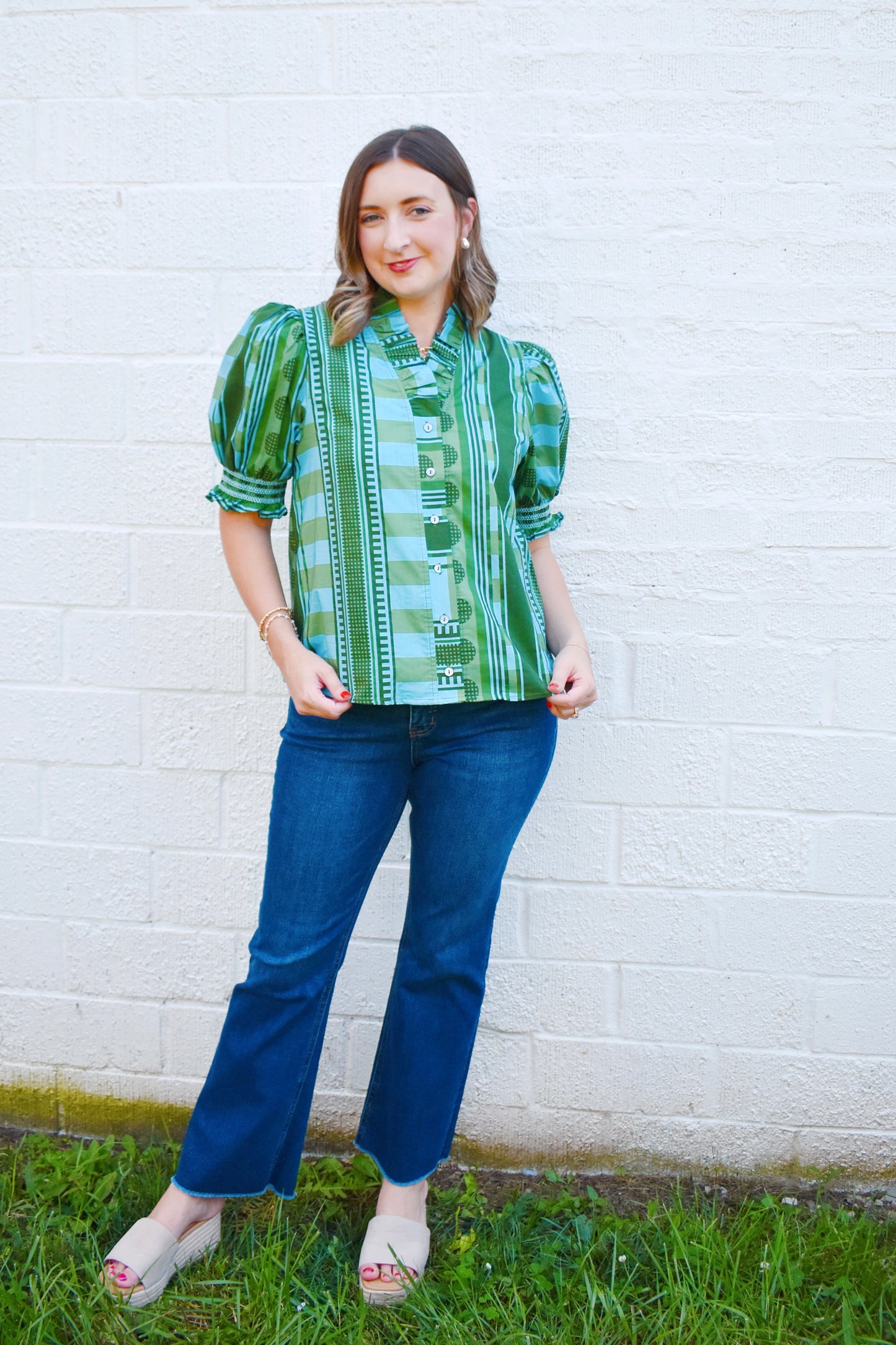 Olive Blue Mixed Print Button Up Blouse