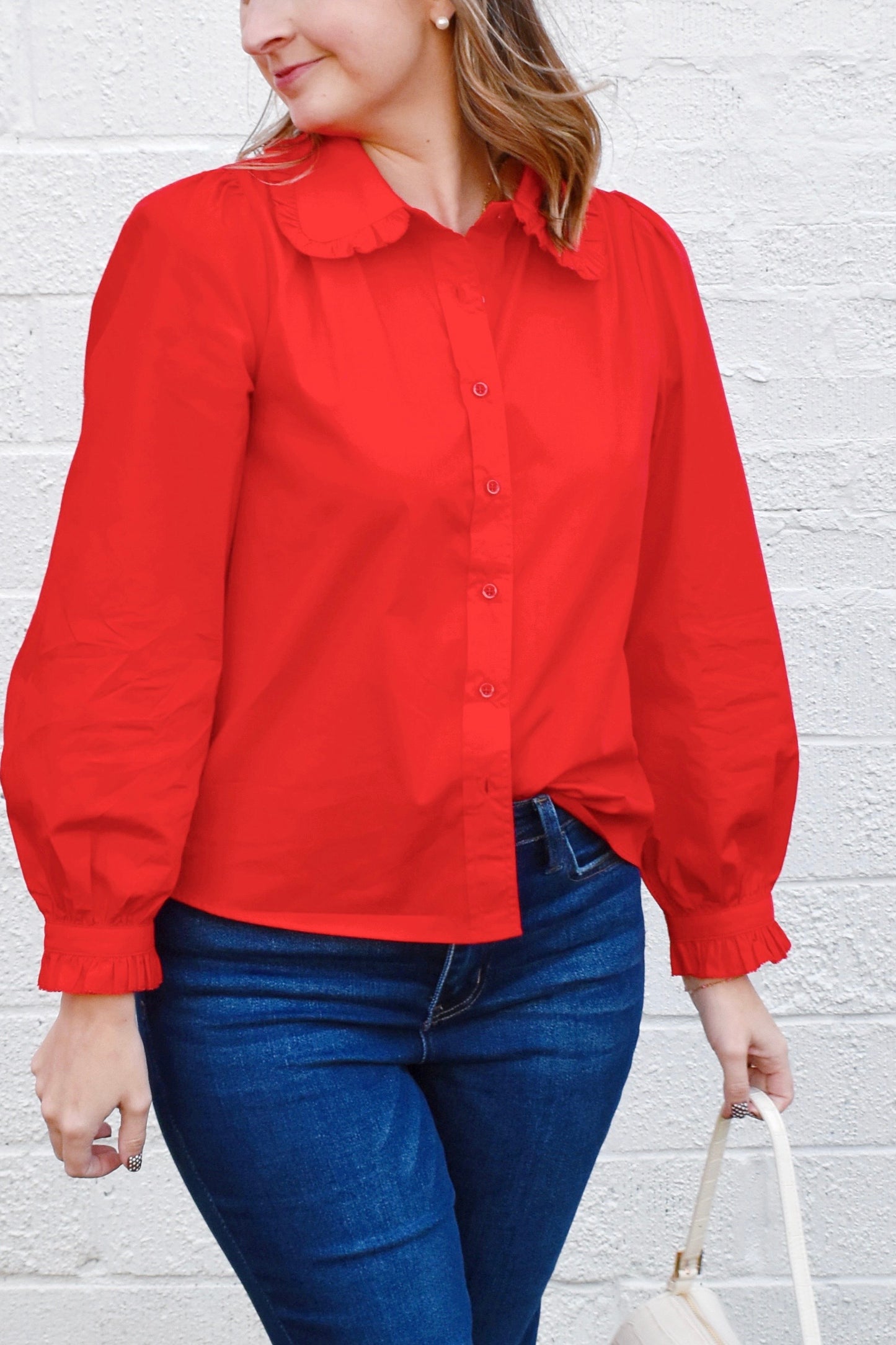 Red Ruffle Collared Button Down