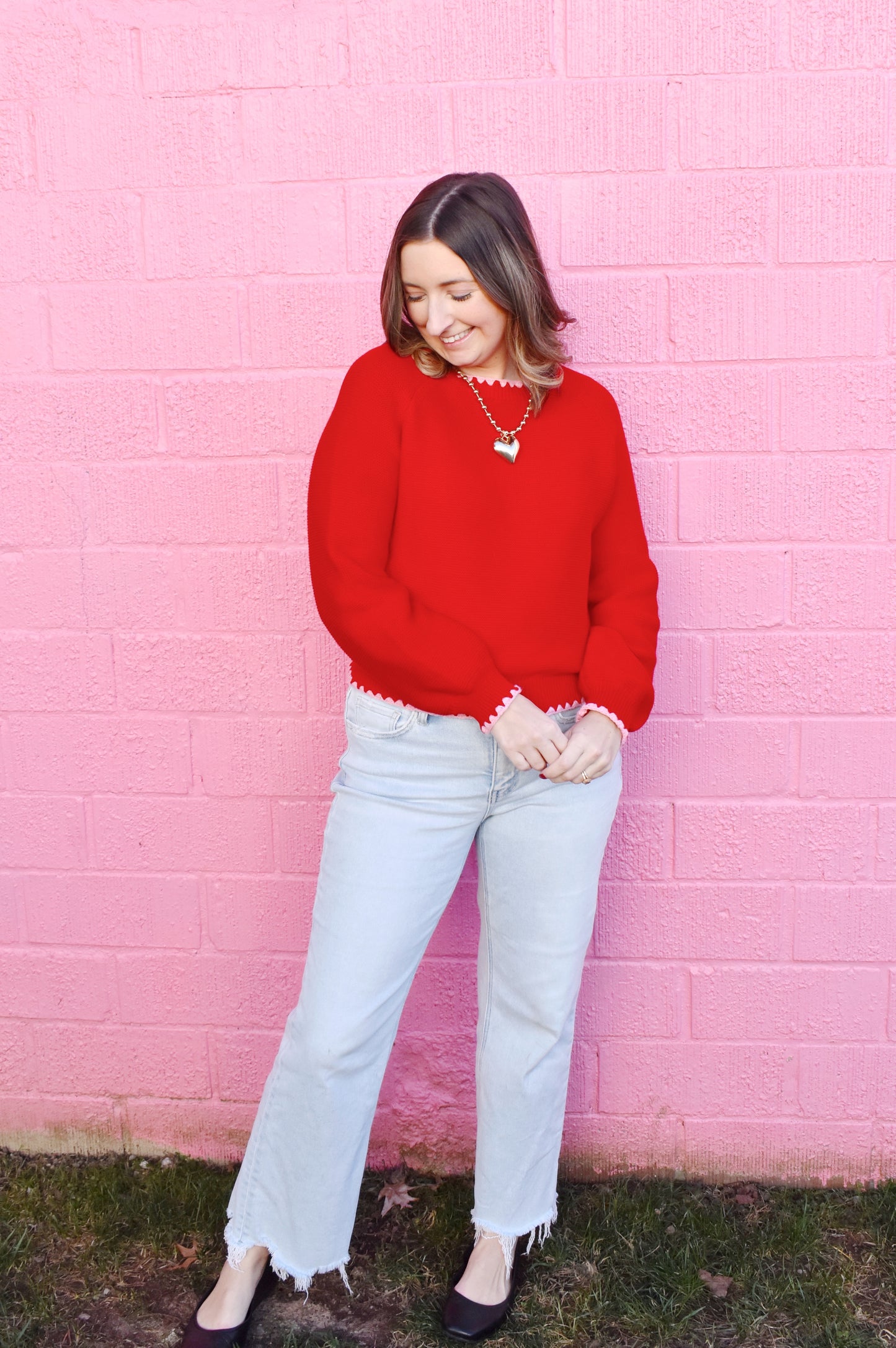 Red Pink Blanket Stitch Sweater