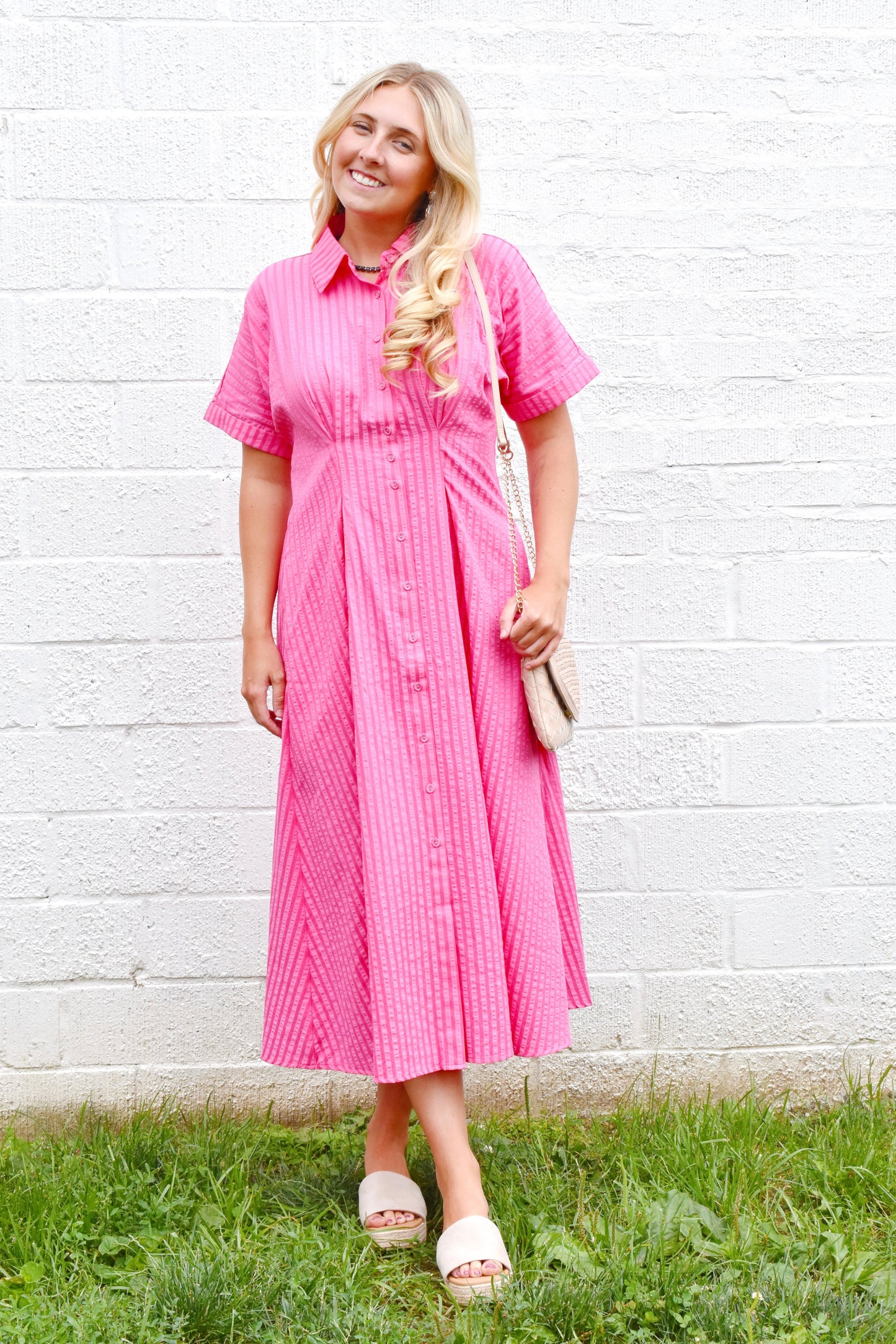 Fuchsia Button Up Collared Midi Dress