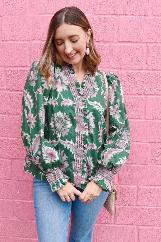Pine & Pink Floral Ruffle Detail Blouse