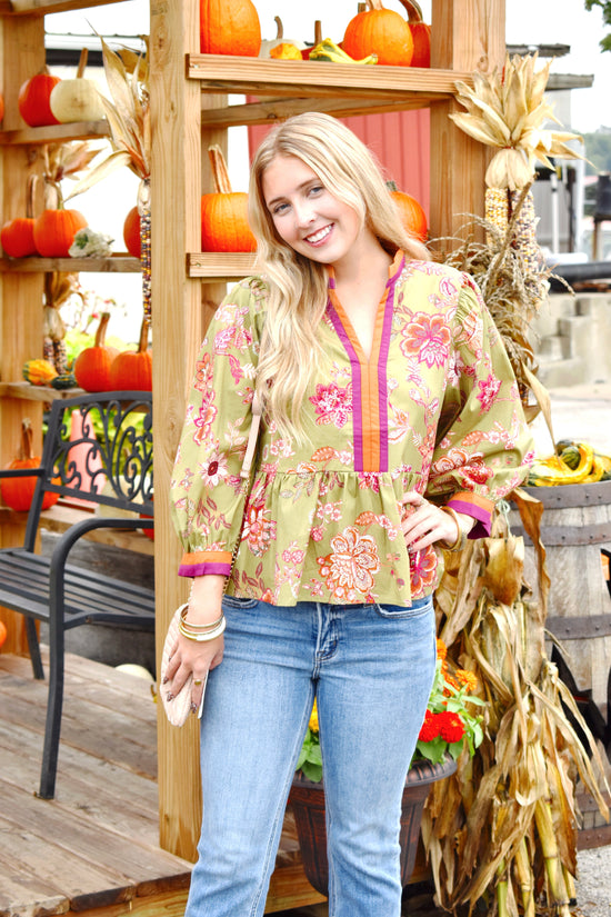 Olive Floral Contrast Trim Peplum Blouse