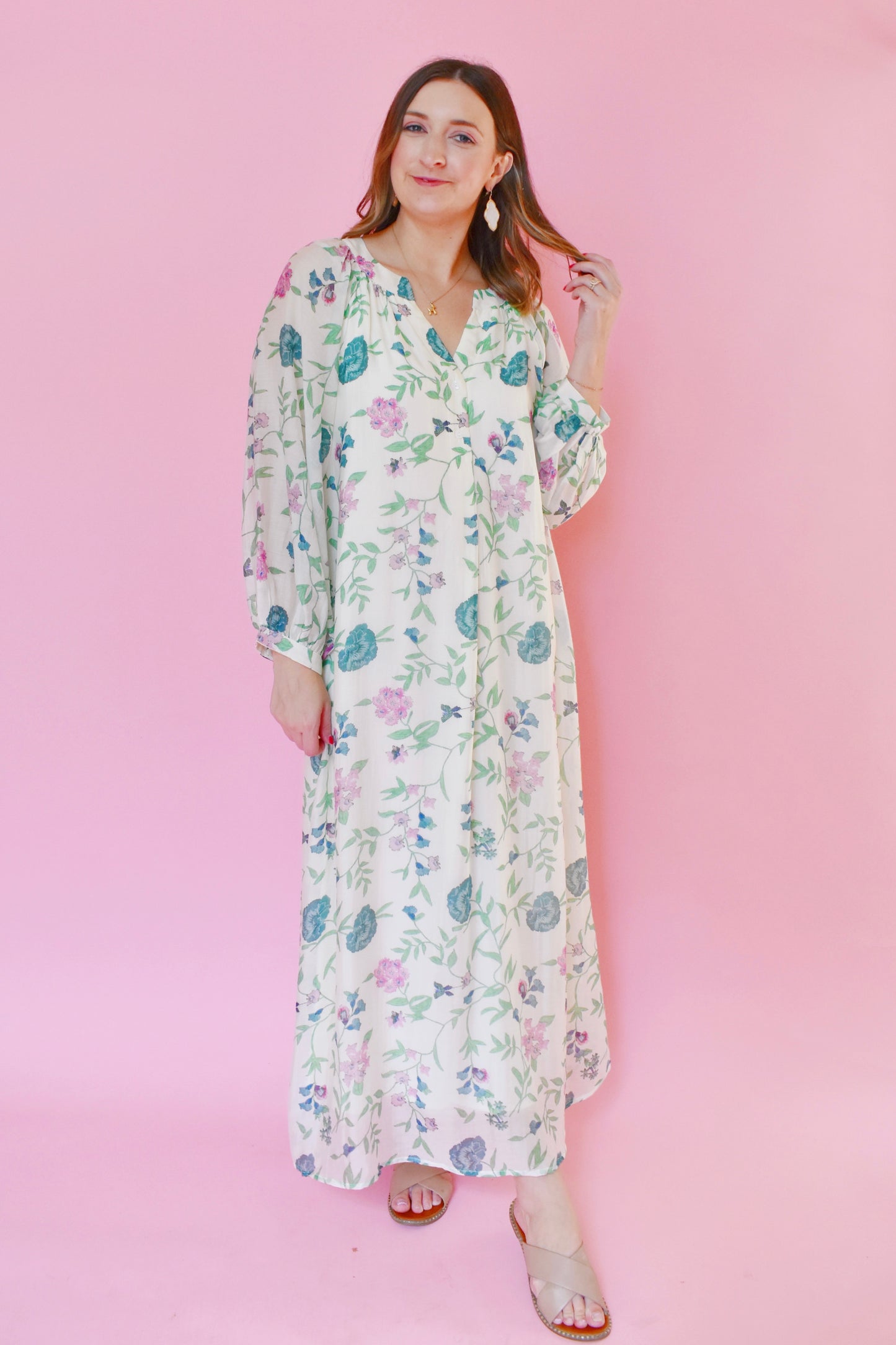 Flowy Ivory Floral Midi Dress