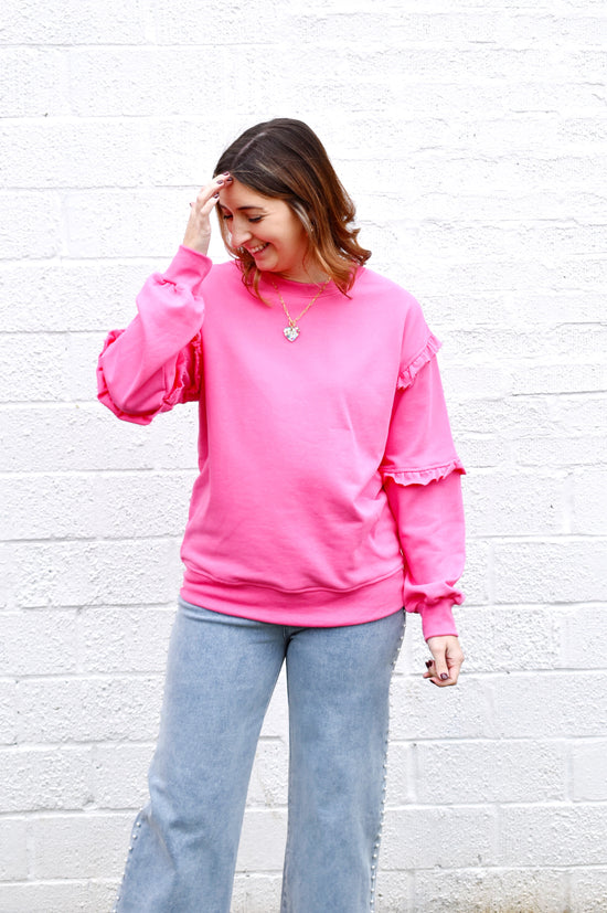 Hot Pink Ruffle Detail Crewneck Sweatshirt Top