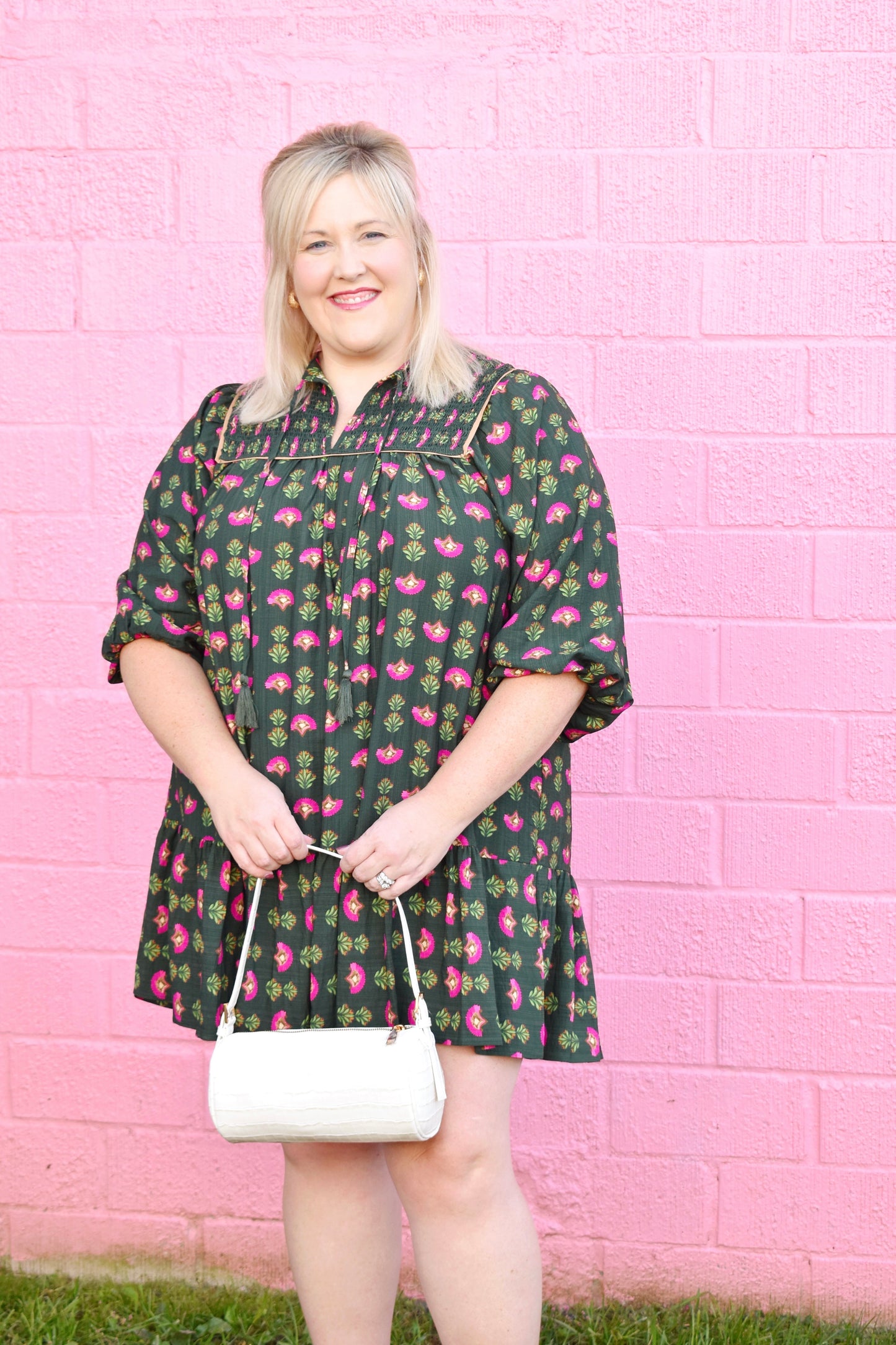 Plus Hunter Green & Pink Floral Mini Dress