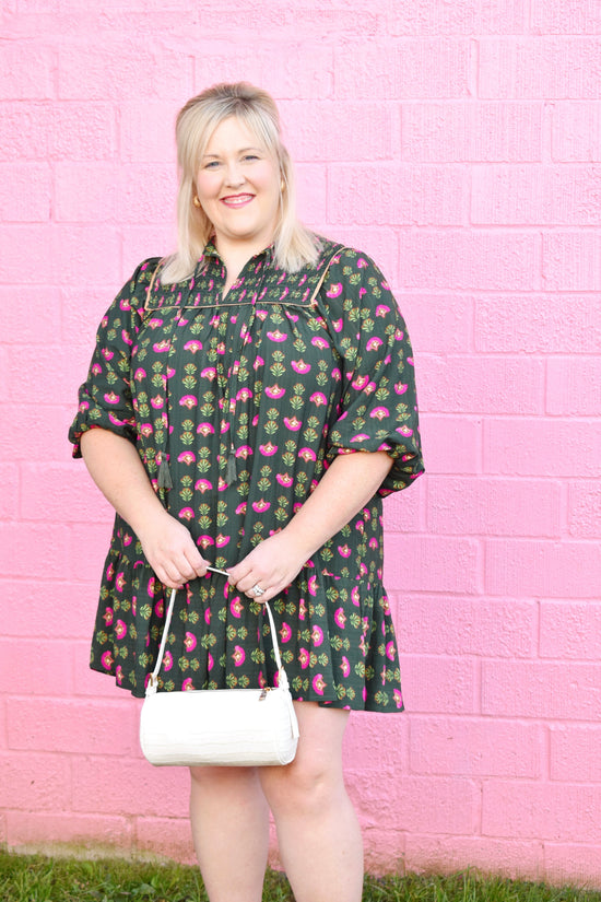 Plus Hunter Green & Pink Floral Mini Dress