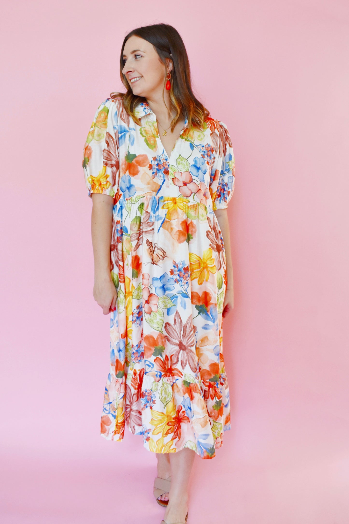 Watercolor Multi Floral Collared Midi Dress