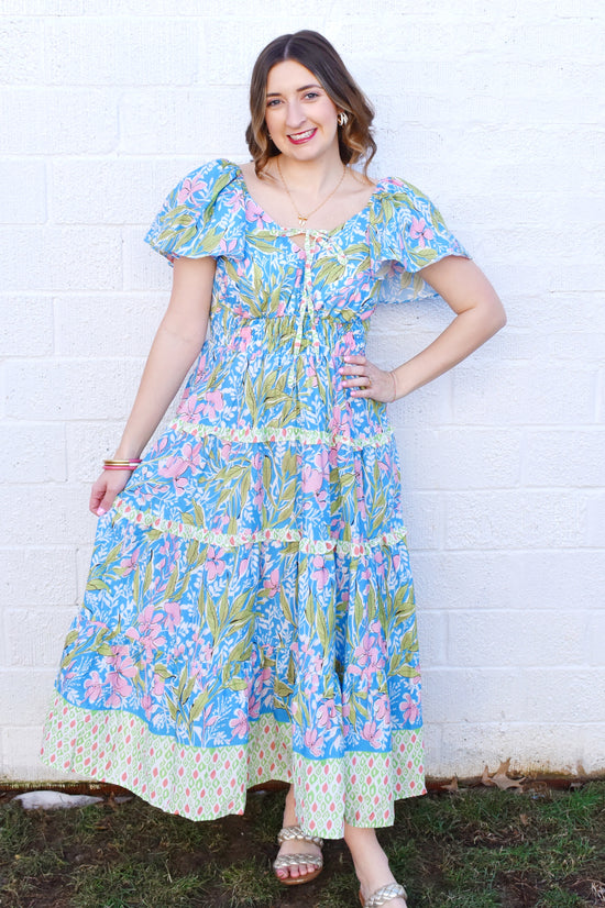 Blue Floral Mixed Print Sweetheart Maxi Dress