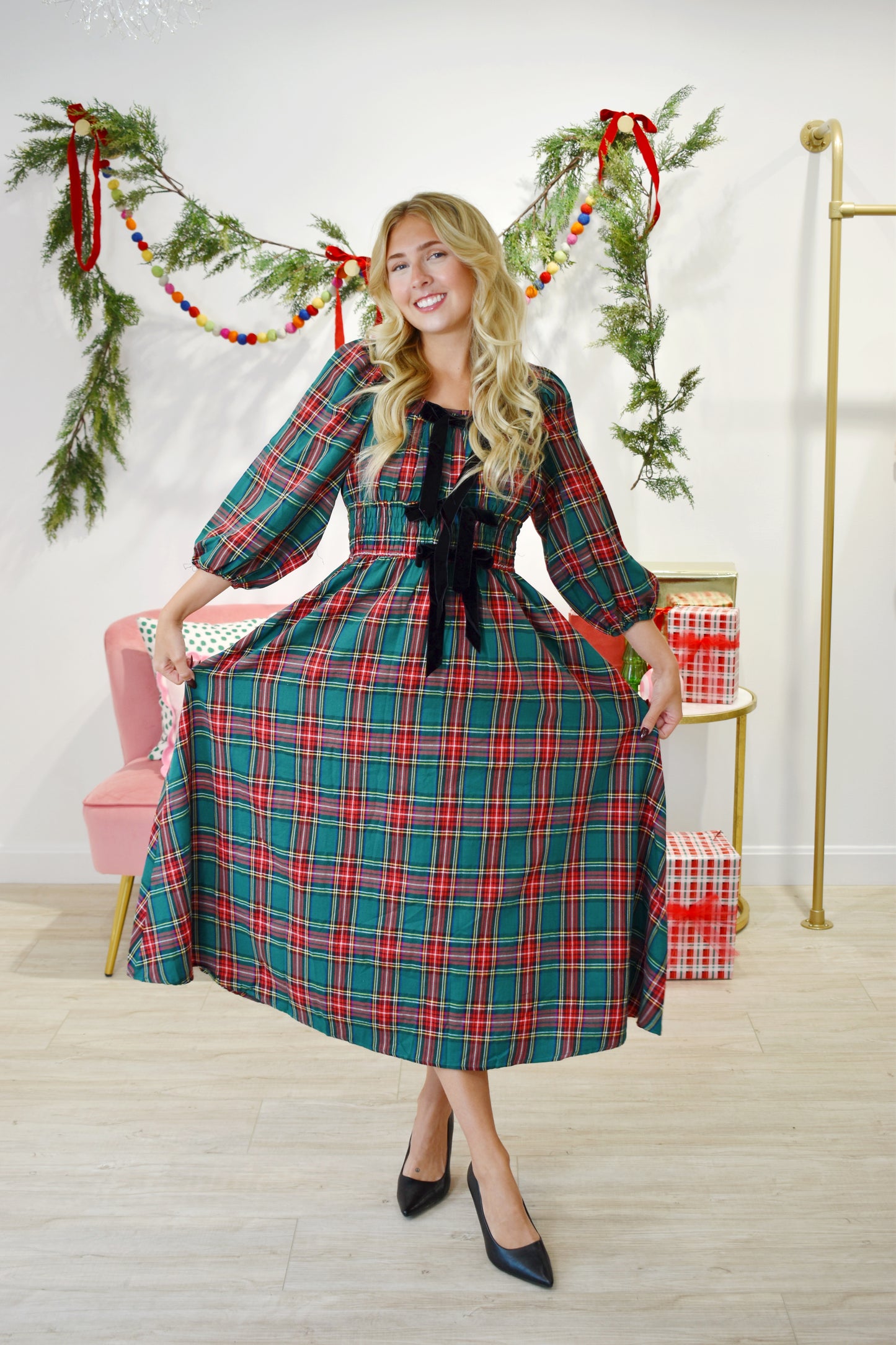 Tied With A Bow Green Plaid Midi Dress