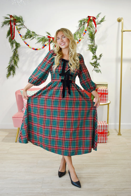 Tied With A Bow Green Plaid Midi Dress