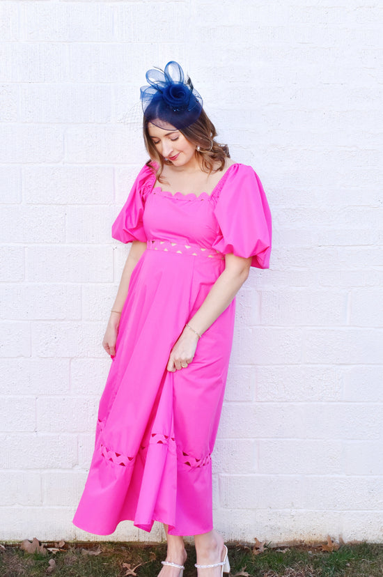 Hot Pink Puff Sleeve Scallop Trim Midi Dress