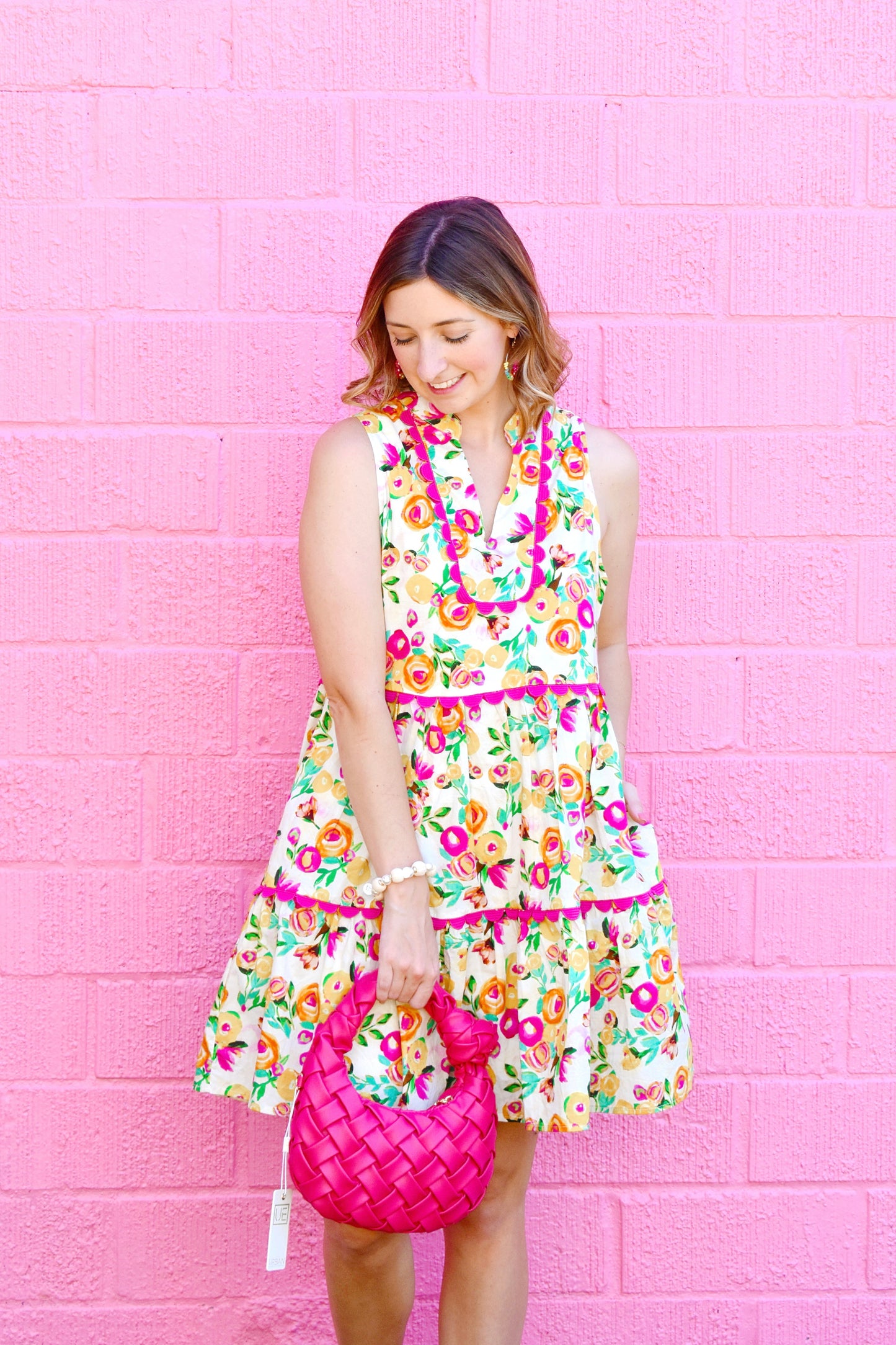 Yellow & Pink Floral Scallop Trim Dress