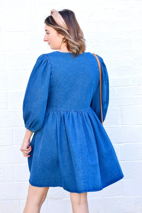 Denim Bow Detail Square Neck Dress