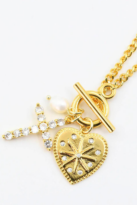 Heart & Cross Charm Gold Plated Necklace