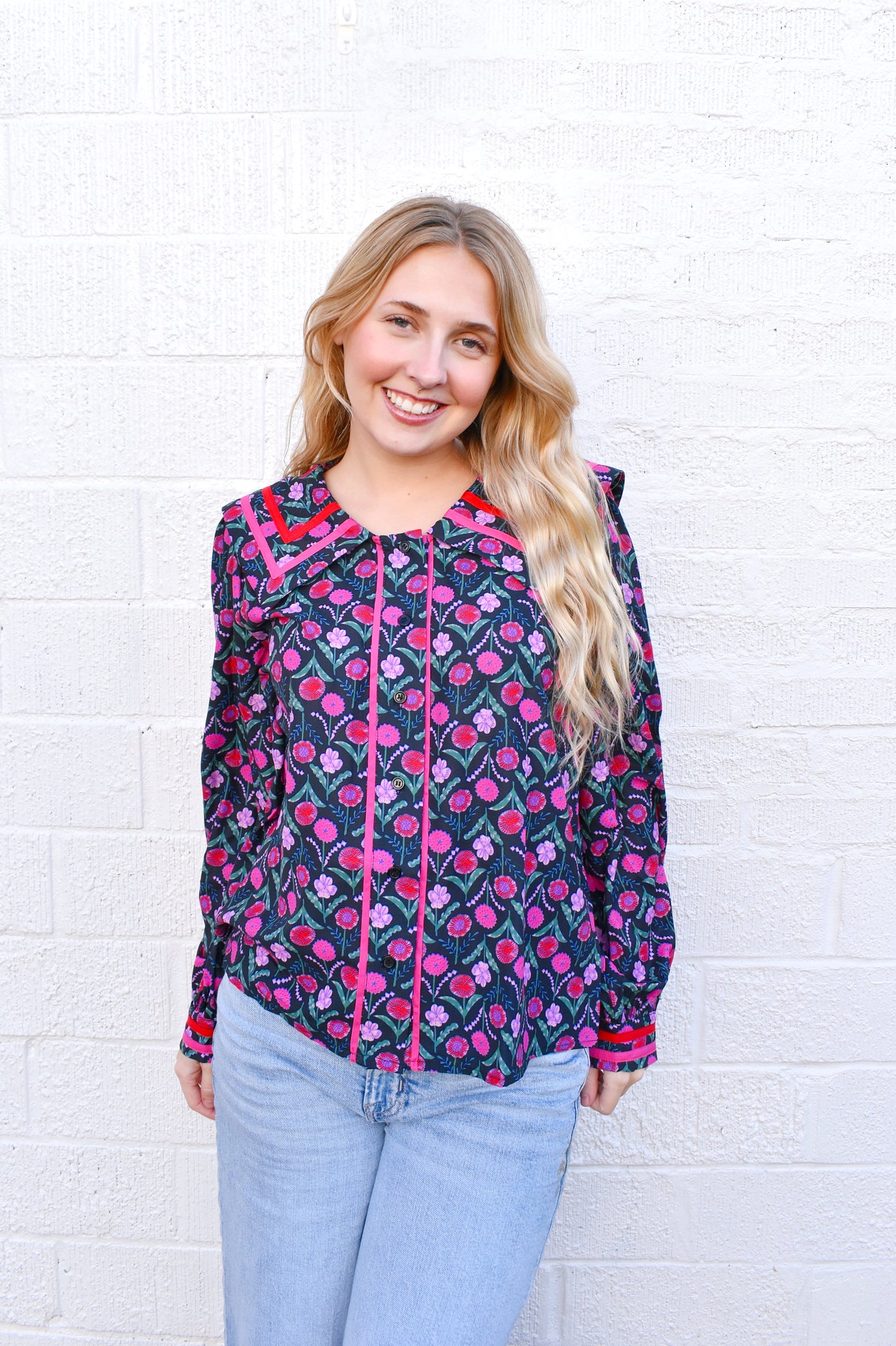 Black Floral Peter Pan Collar Button Down Blouse